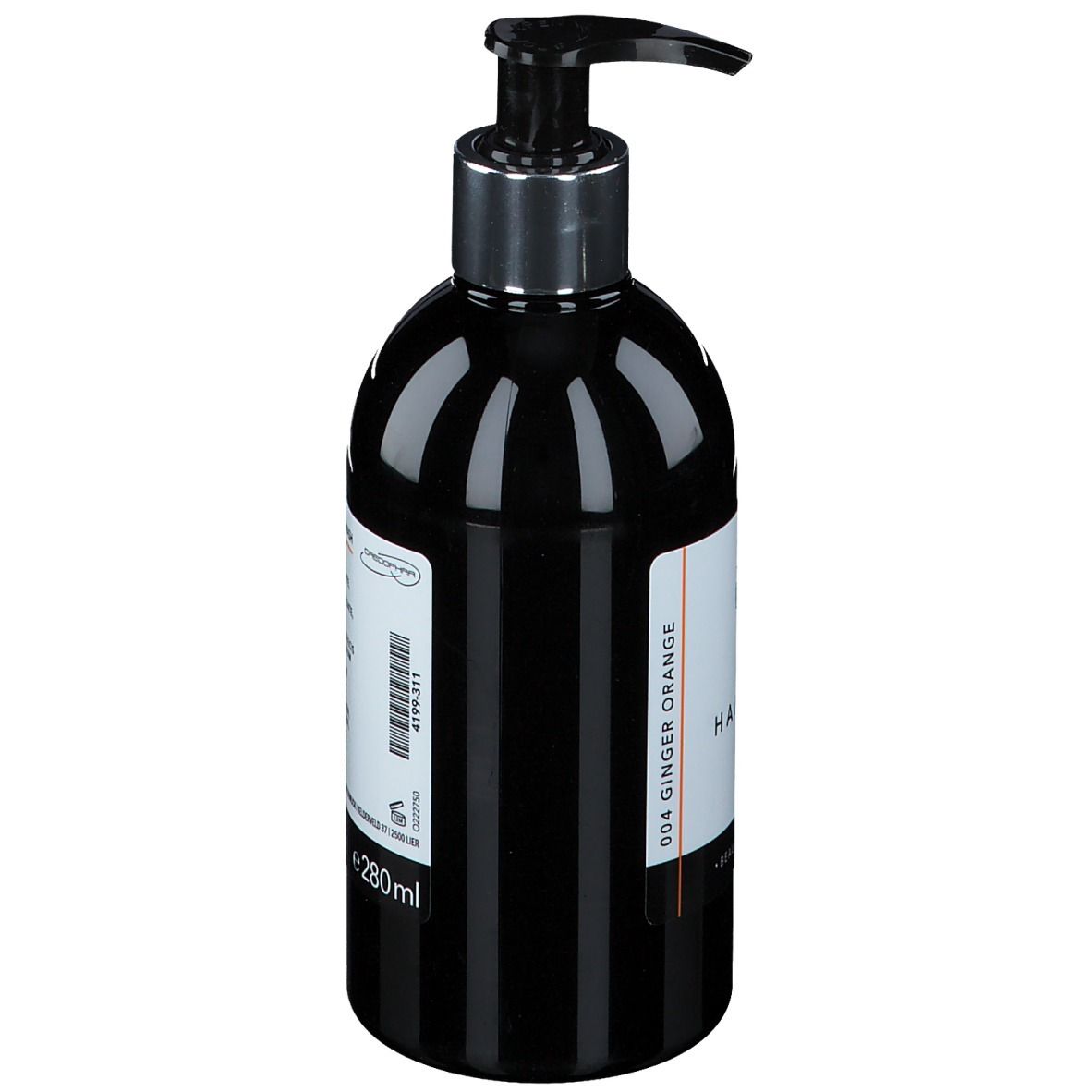 Flacon noir avec pompe. Inscription : Oline, Handwash. Volume 280ml. Parfum Orange Gingembre. Rayures verticales.