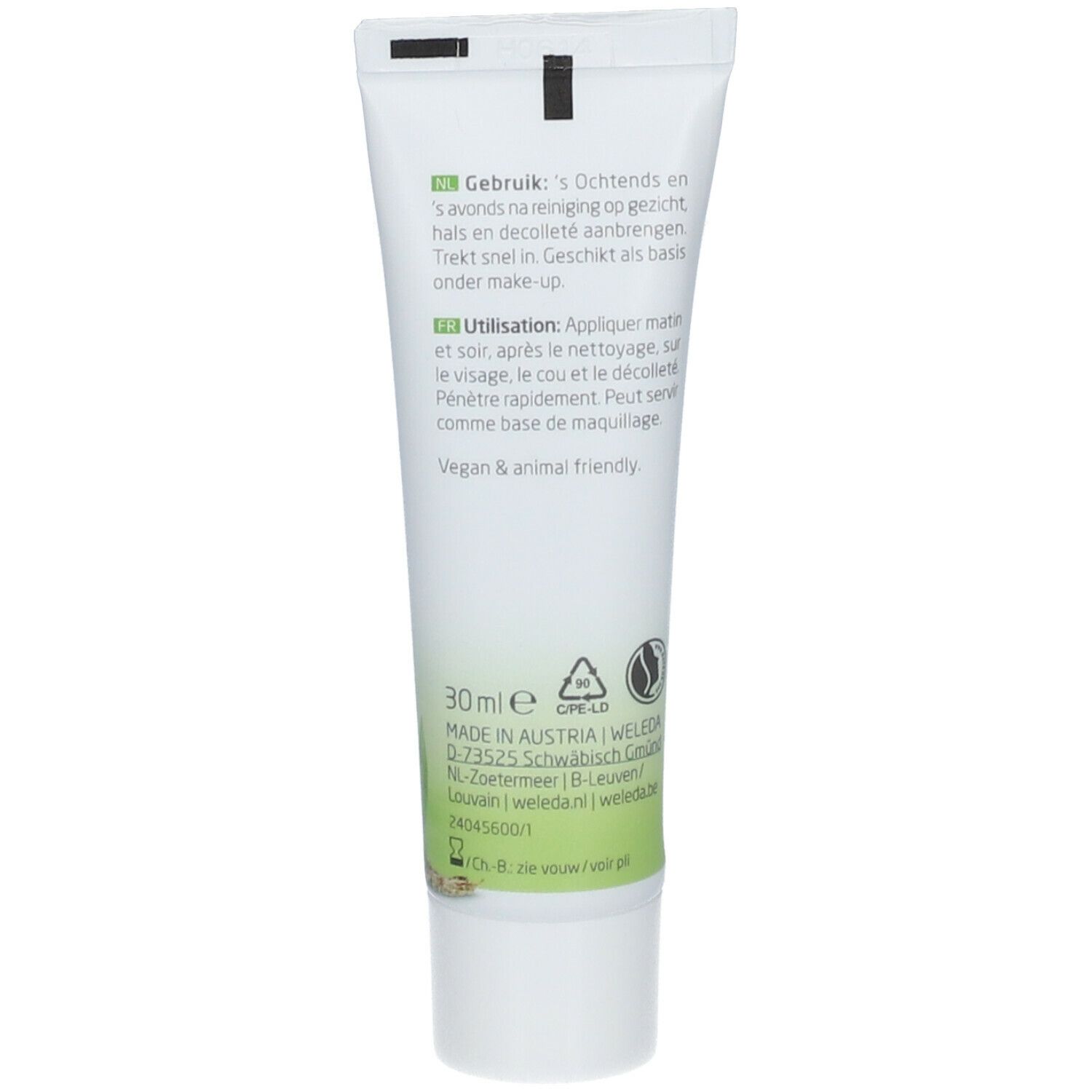Achterkant van de tube. Tekst: Gebruiksaanwijzing in het Duits en Frans. Vegan & diervriendelijk. 30 ml. Gemaakt in Oostenrijk.