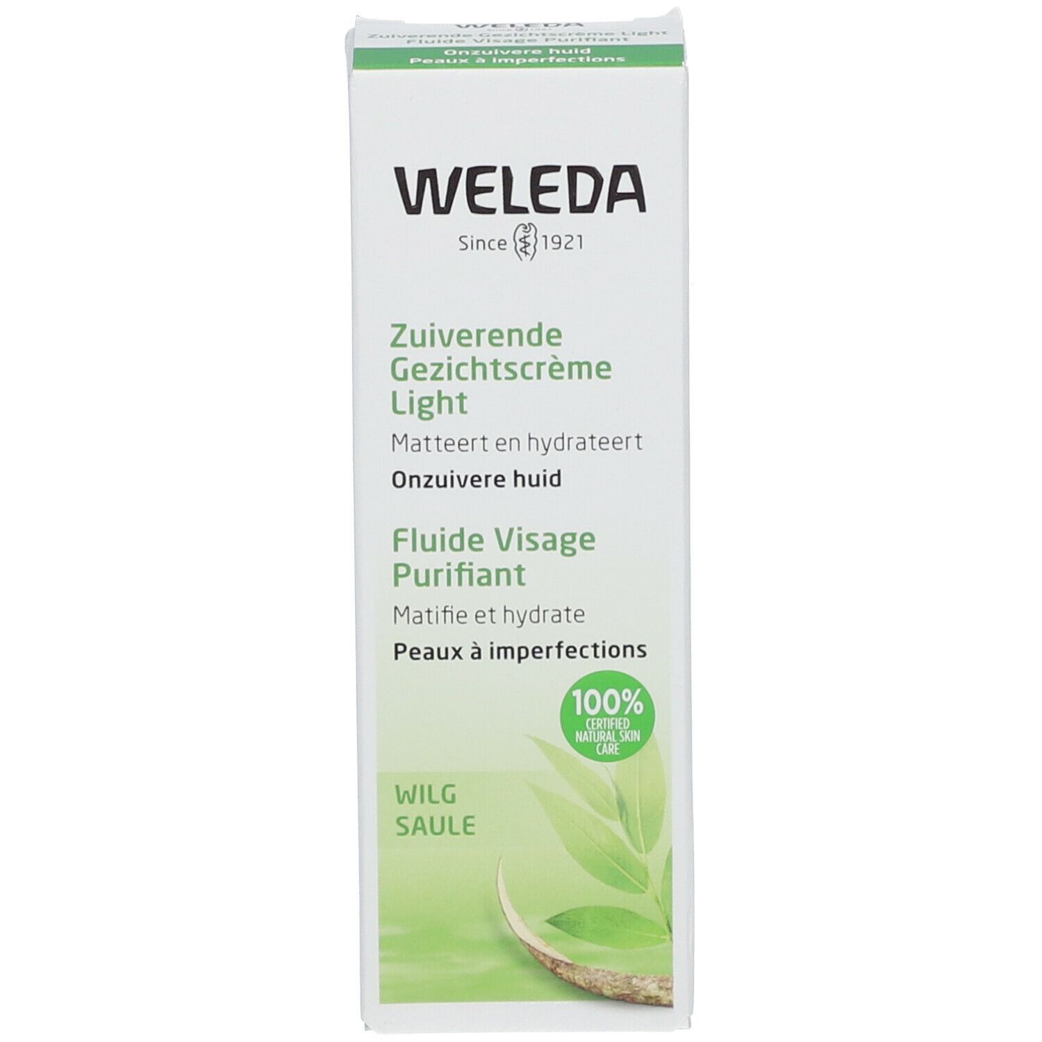 Doos met productinformatie. Tekst: Weleda, Zuiverende Gezichtscrème Light, Fluiide Visage Purifiant. Certificering.