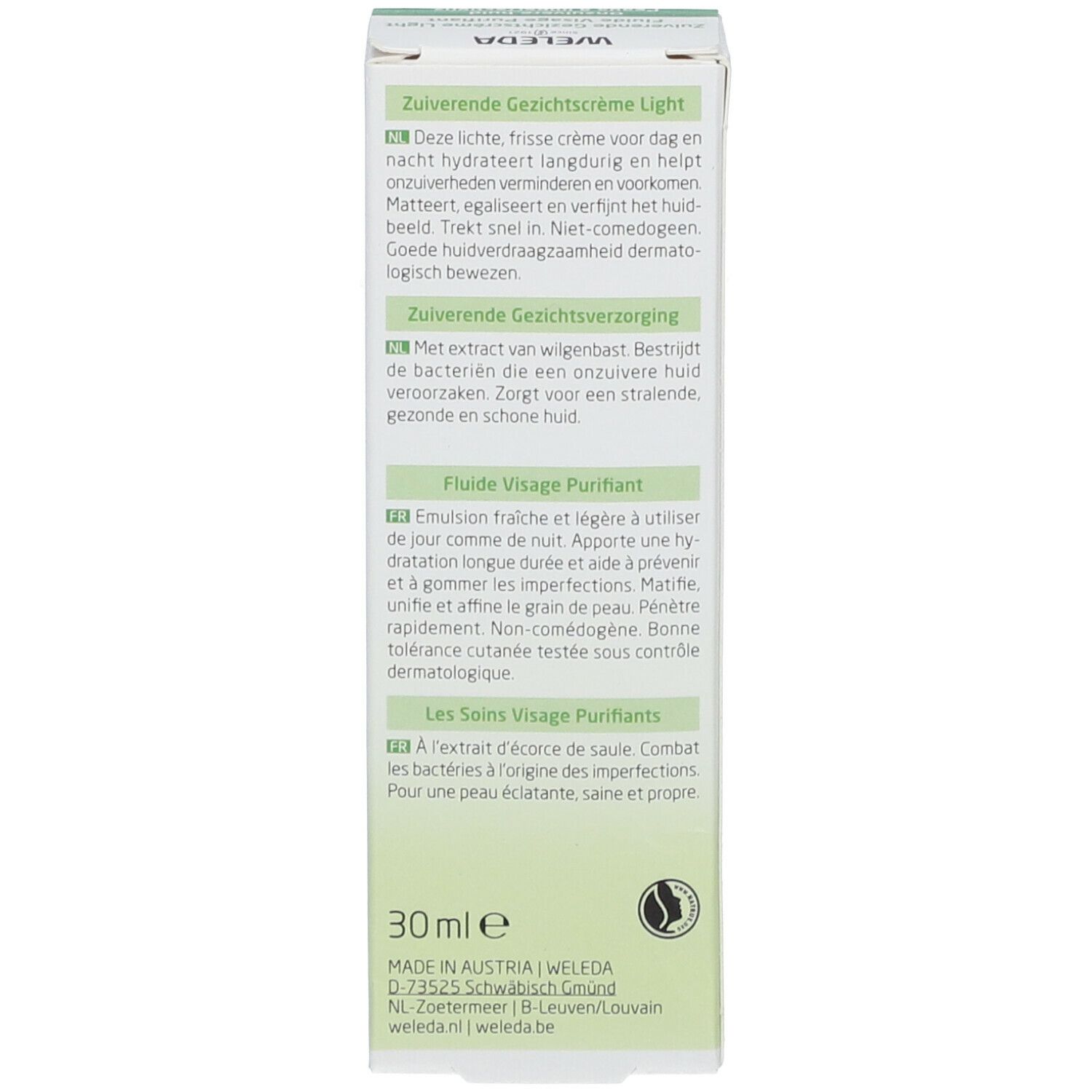 Doos, tekst: Productbeschrijving in het Duits en Frans. 30 ml. Gemaakt in Oostenrijk. Certificering.