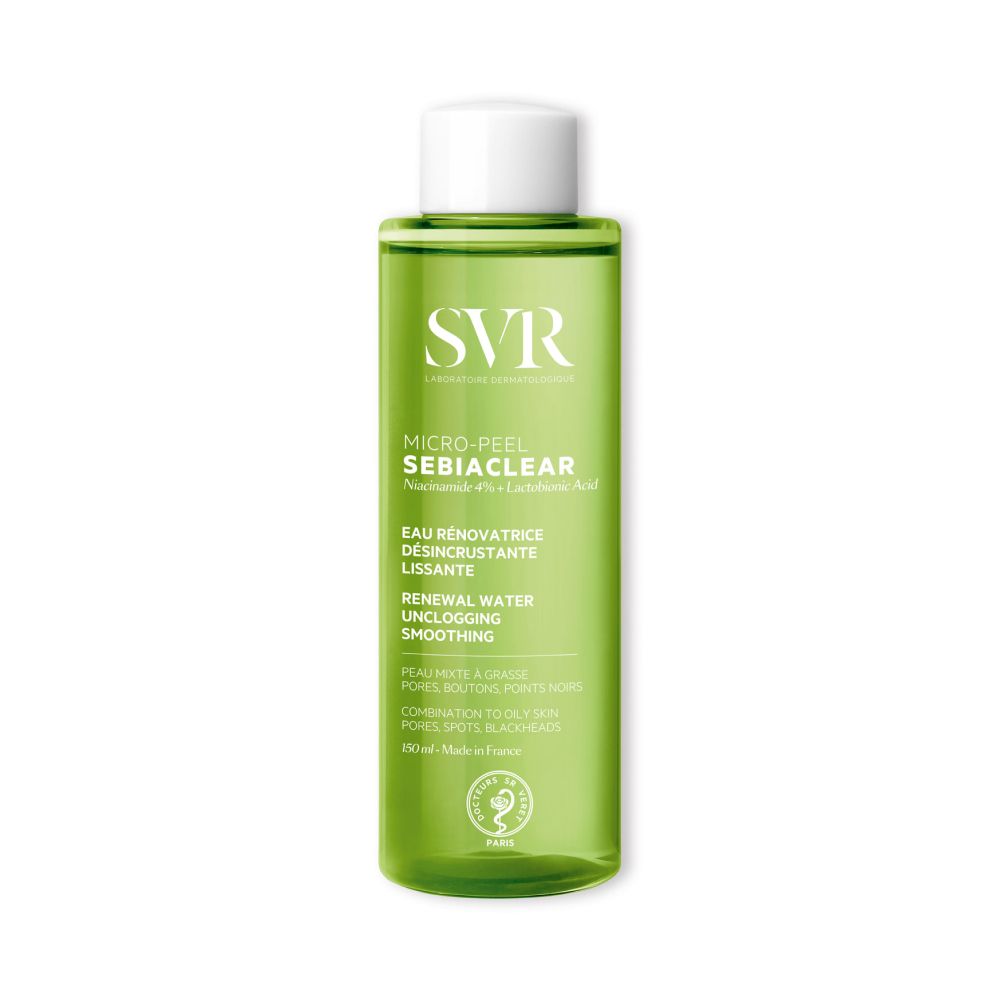 Flacon vert avec bouchon blanc. Inscription: SVR SEBIACLEAR Micro-Peel. Contient de la Niacinamide et de l'acide lactobionique. Inscription française.