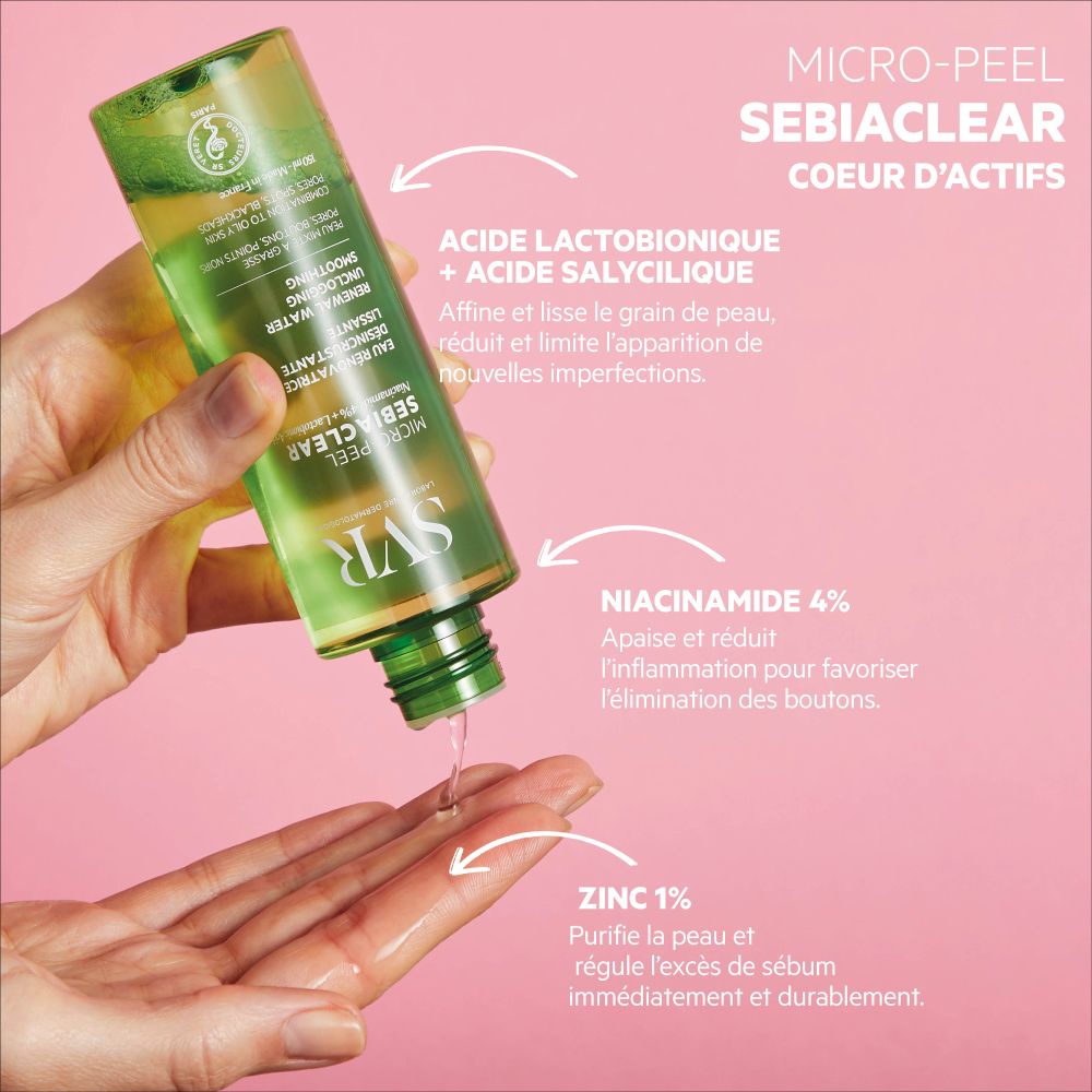 Flacon vert avec bouchon blanc. Inscription: SVR SEBIACLEAR Micro-Peel. Contient de la Niacinamide et de l'acide lactobionique. Inscription française.