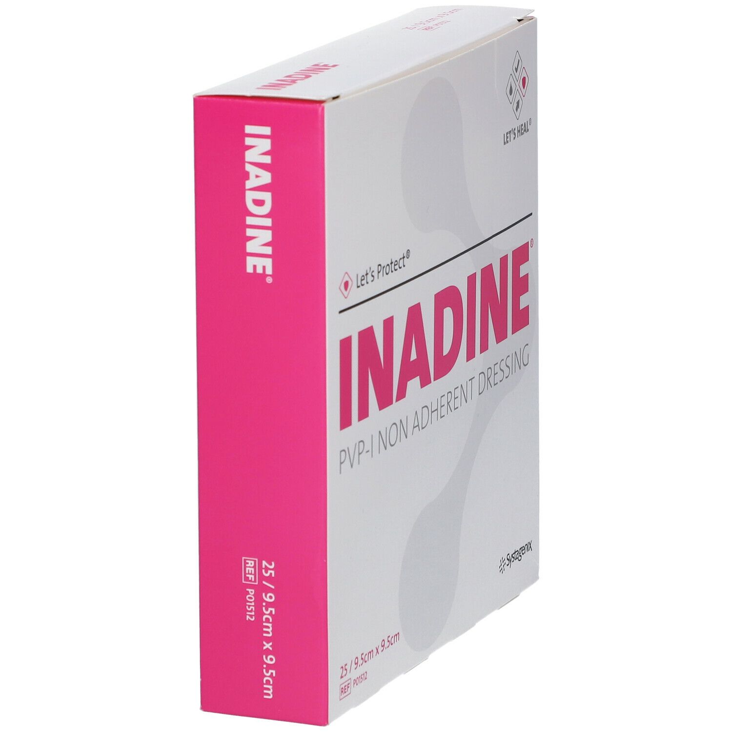 Zijaanzicht van de Inadine PVP-I Non Adherent Dressing verpakking. Roze en witte doos met productnaam.