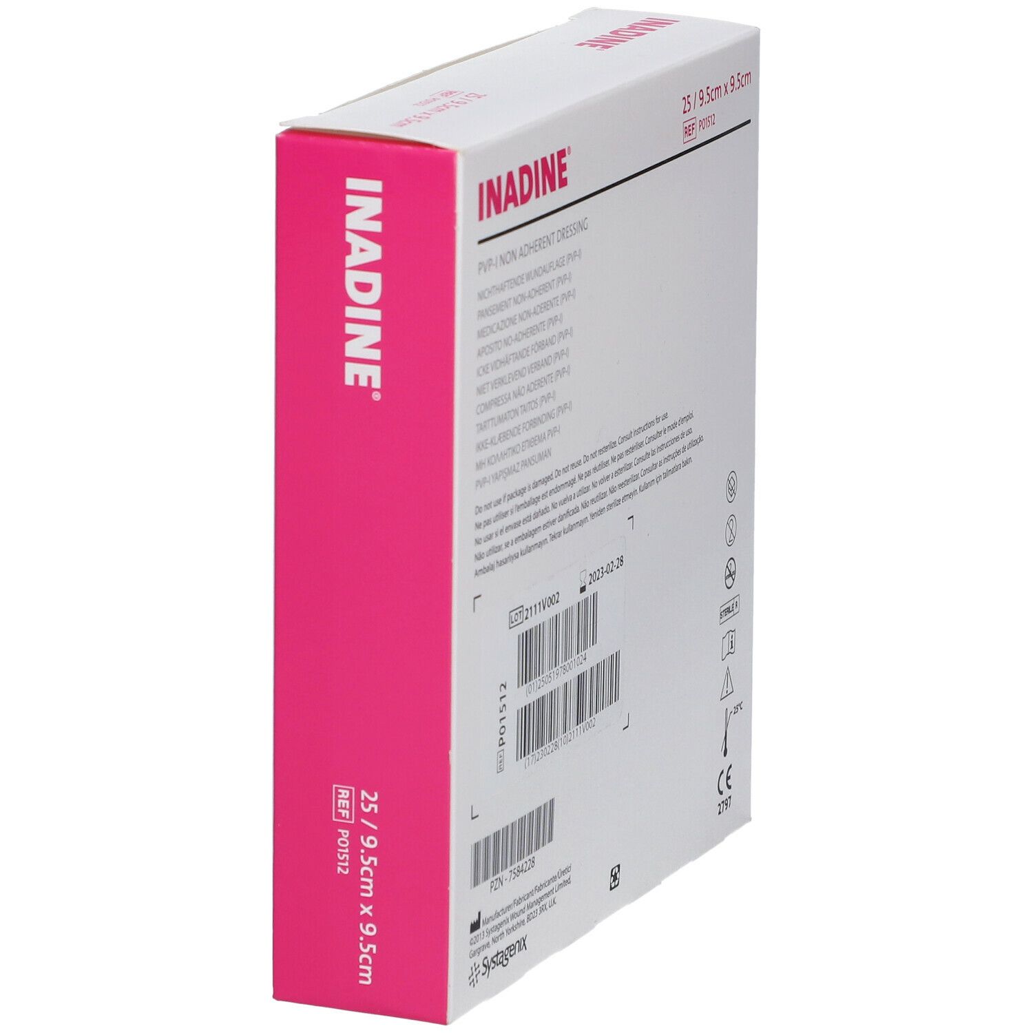 Zijaanzicht van de Inadine PVP-I Non Adherent Dressing verpakking. Roze en witte doos met productinformatie.