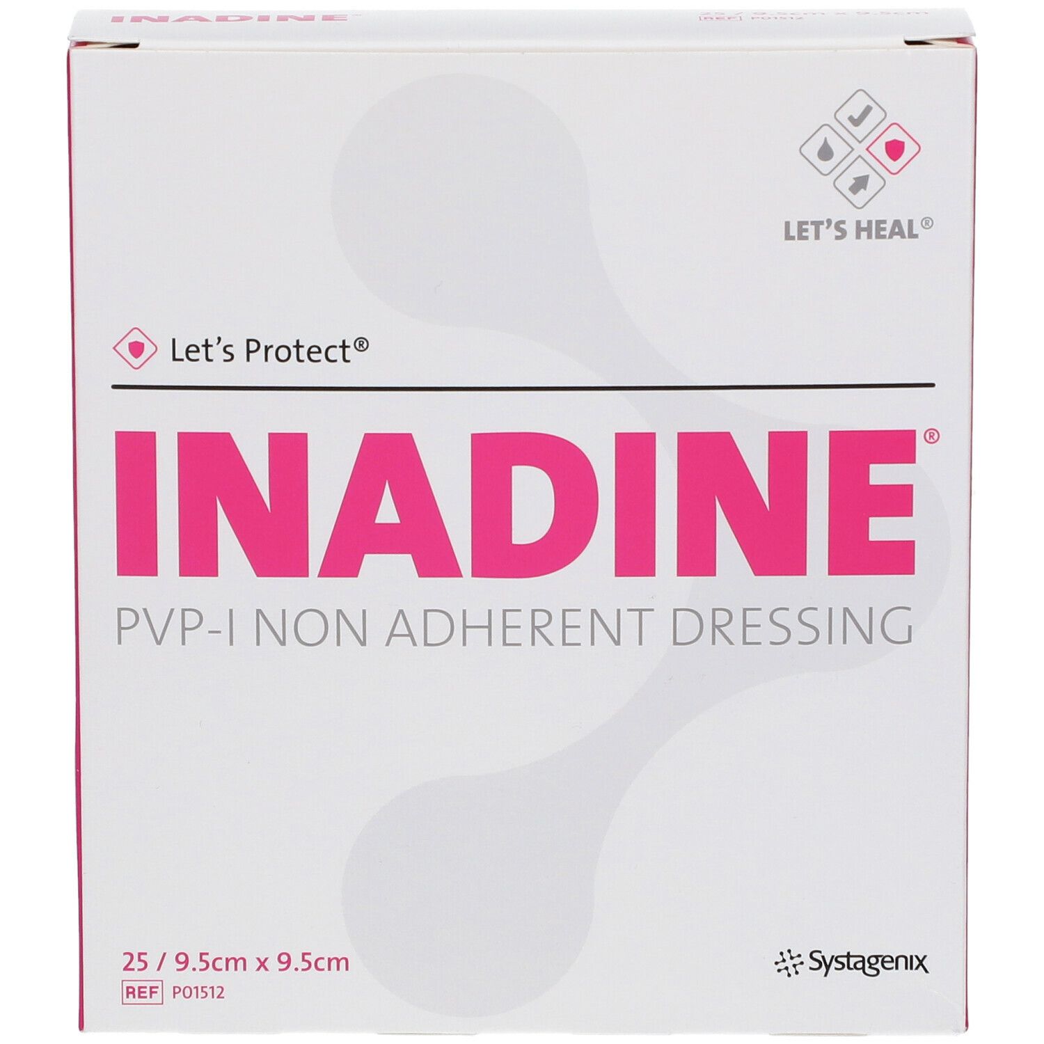 Vooraanzicht van de Inadine PVP-I Non Adherent Dressing verpakking. Roze en witte doos met productnaam en logo.