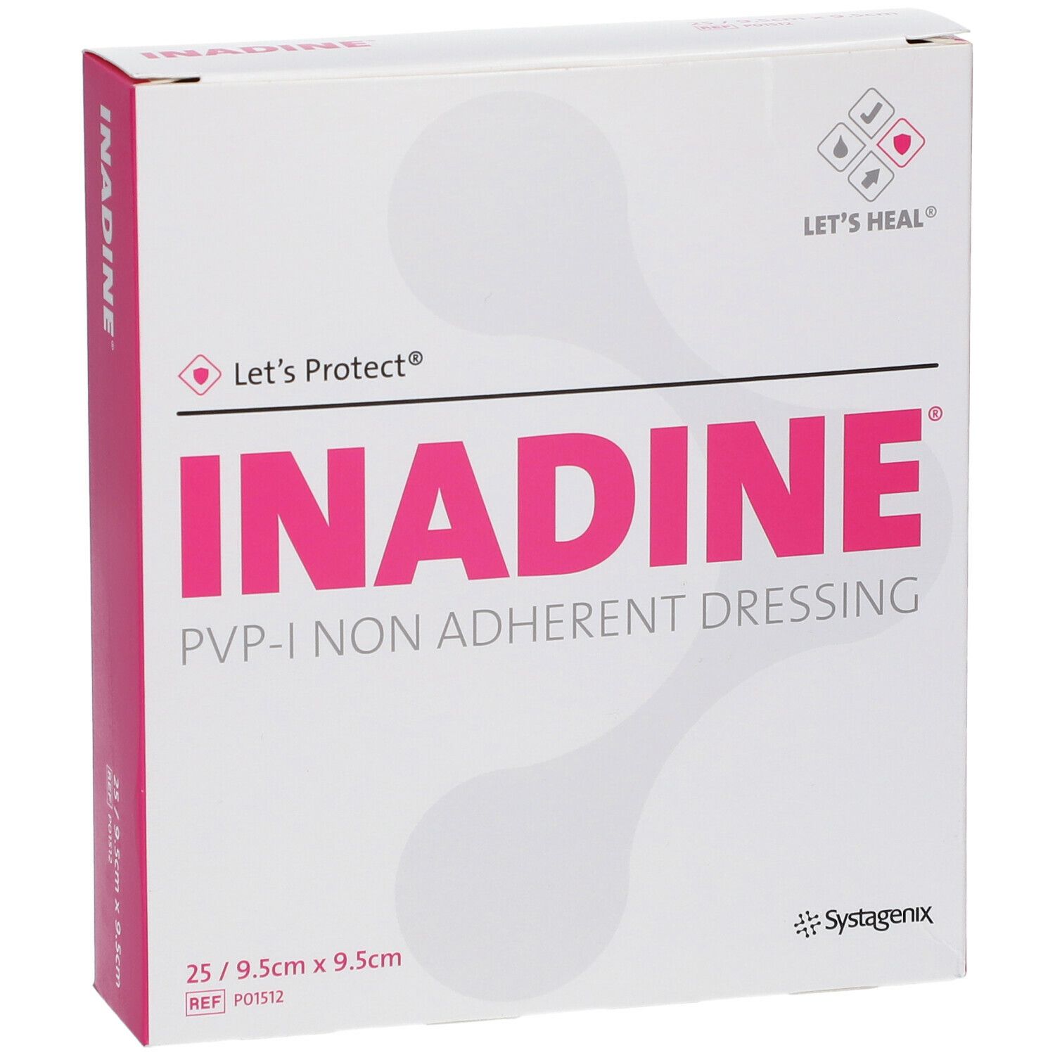 Vooraanzicht van de Inadine PVP-I Non Adherent Dressing verpakking. Roze en witte doos met productnaam en logo.