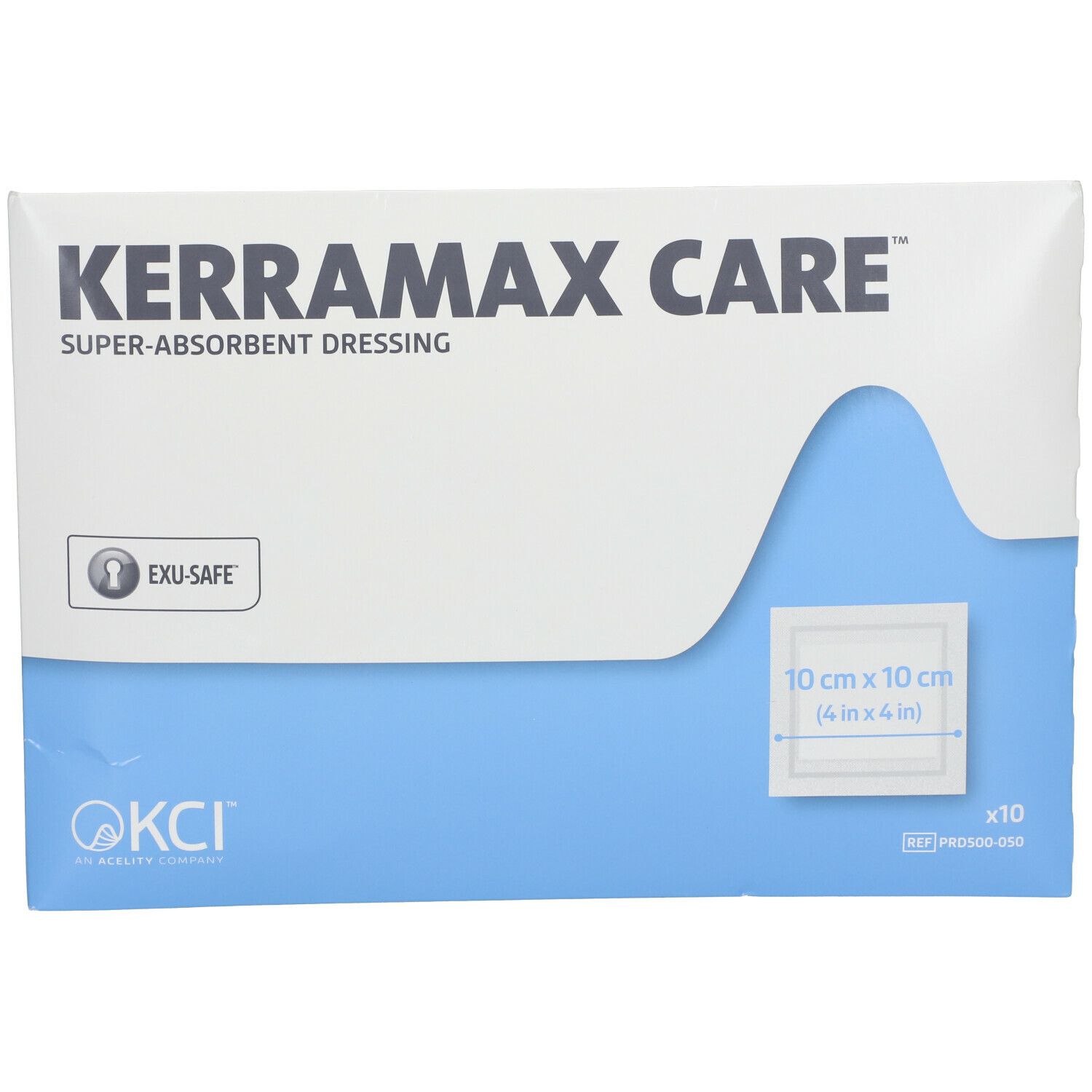 Emballage de pansements Kerramax Care. Emballage blanc et bleu avec nom du produit et indication de taille.