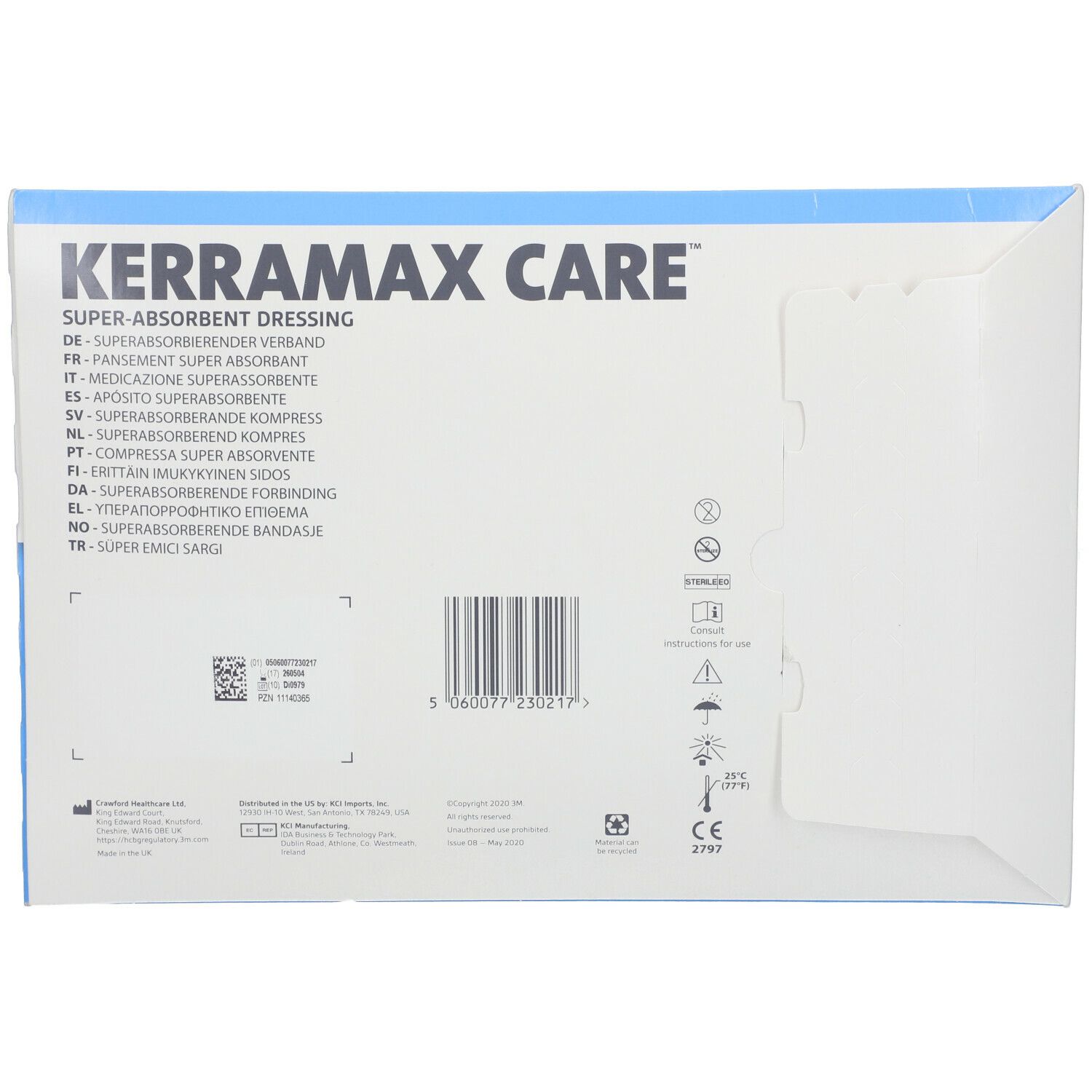 Dos de l'emballage Kerramax Care. Nom du produit, code-barres, certifications et pictogrammes.