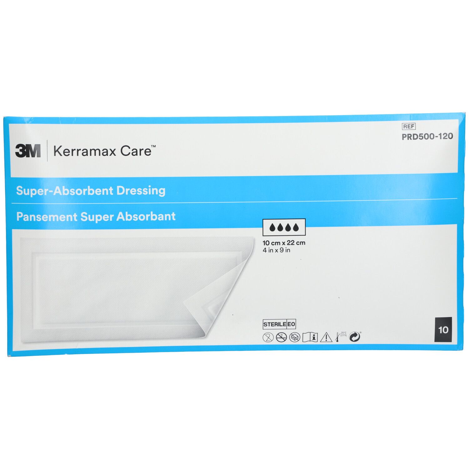 Verpakking Kerramax Care, absorberend verband 10x22cm. Blauw en wit. Steriel. 10 stuks.