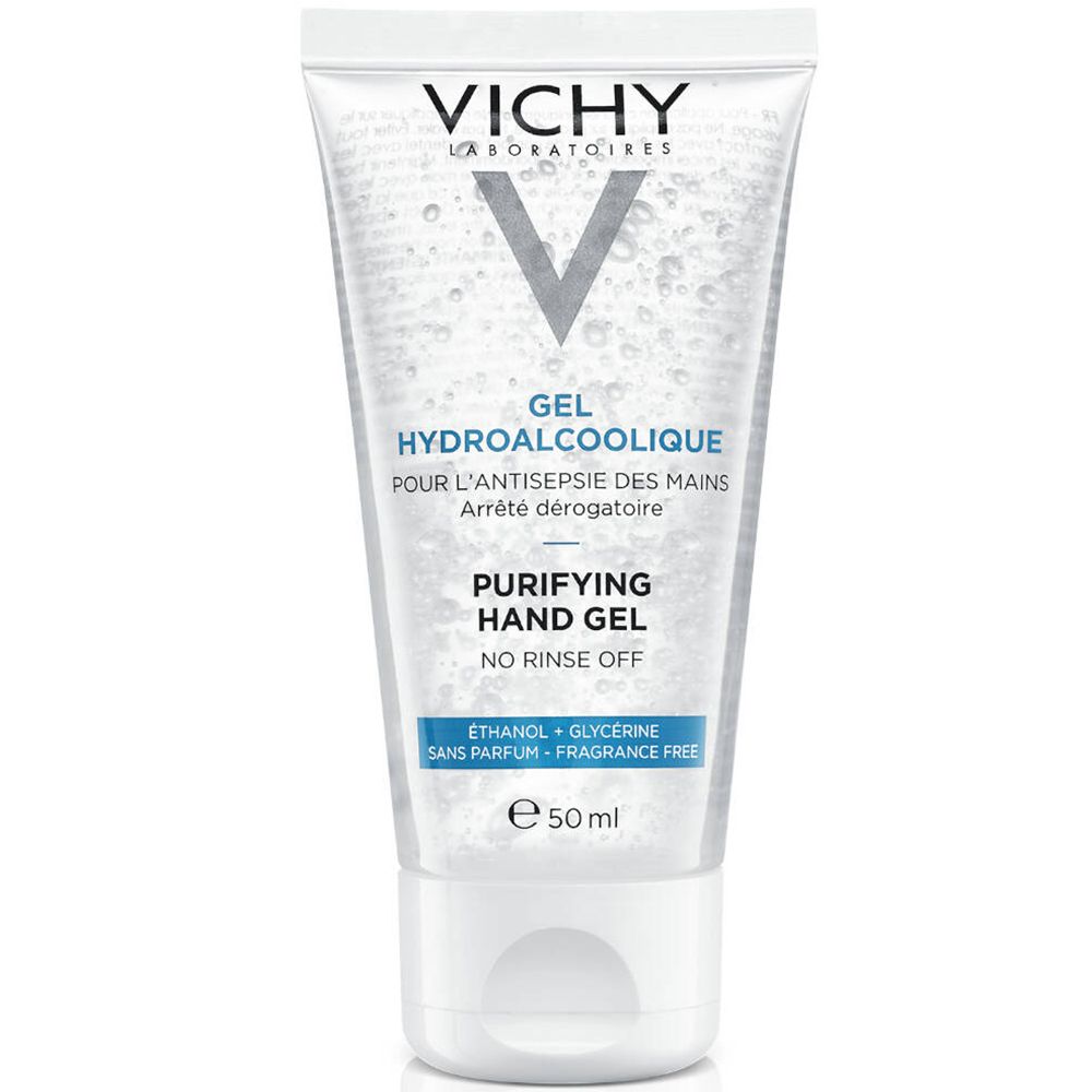 Transparante tube met witte dop. Opschrift: VICHY, GEL HYDROALCOHOLIQUE, PURIFYING HAND GEL. Bevat ethanol en glycerine.