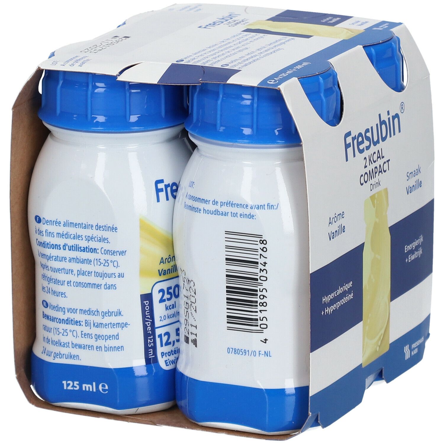 Verpakking van 4 flesjes Fresubin 2 Kcal Compact Drink Vanille. Blauwe doppen, witte flesjes. Opschriften: Fresubin, 2 Kcal, Vanille.