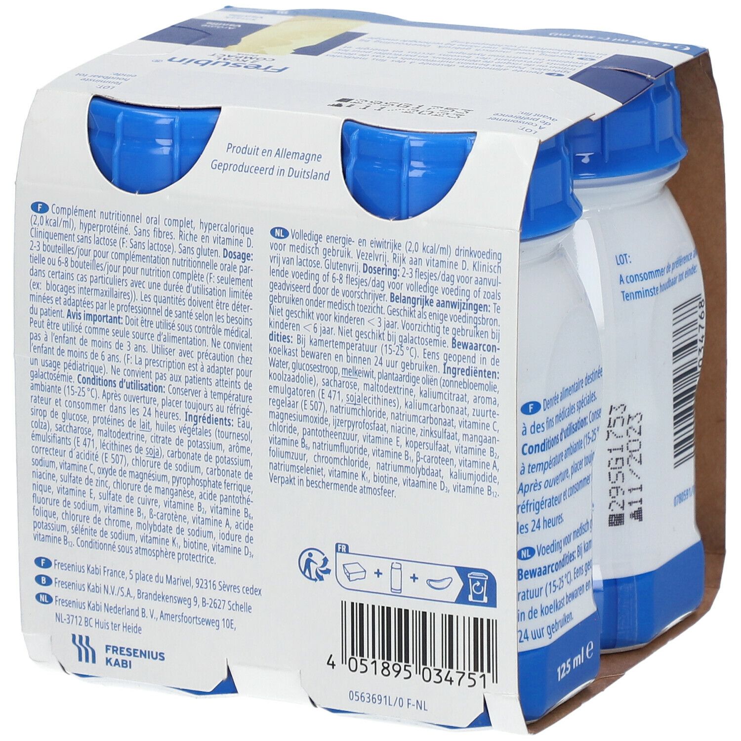 Verpakking van 4 flesjes Fresubin 2 Kcal Compact Drink Vanille. Blauwe doppen, witte flesjes. Opschriften: Fresubin, 2 Kcal, Vanille.