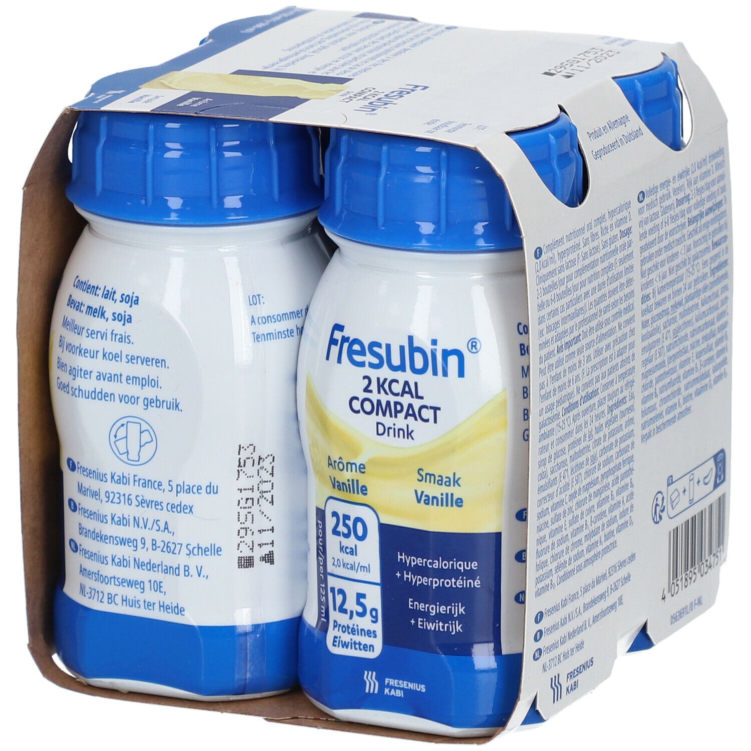 Verpakking van 4 flesjes Fresubin 2 Kcal Compact Drink Vanille. Blauwe doppen, witte flesjes. Opschriften: Fresubin, 2 Kcal, Vanille.