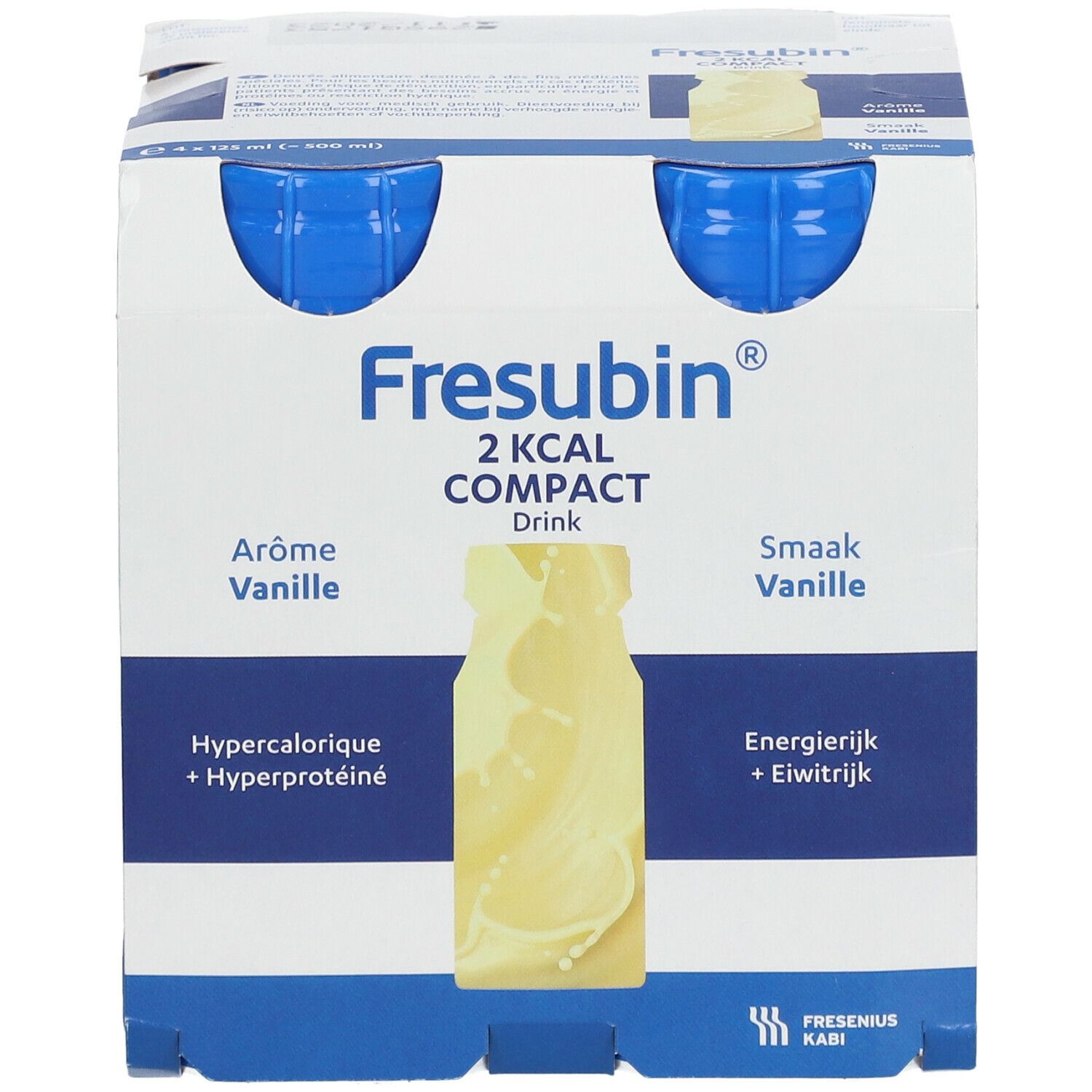 Verpakking van 4 flesjes Fresubin 2 Kcal Compact Drink Vanille. Blauwe doppen, witte flesjes. Opschriften: Fresubin, 2 Kcal, Vanille.