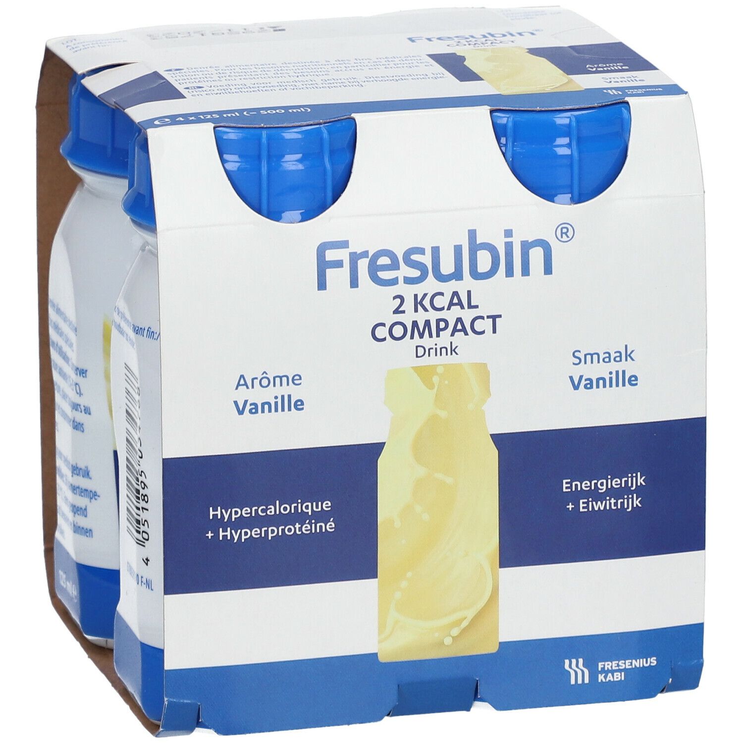 Verpakking van 4 flesjes Fresubin 2 Kcal Compact Drink Vanille. Blauwe doppen, witte flesjes. Opschriften: Fresubin, 2 Kcal, Vanille.