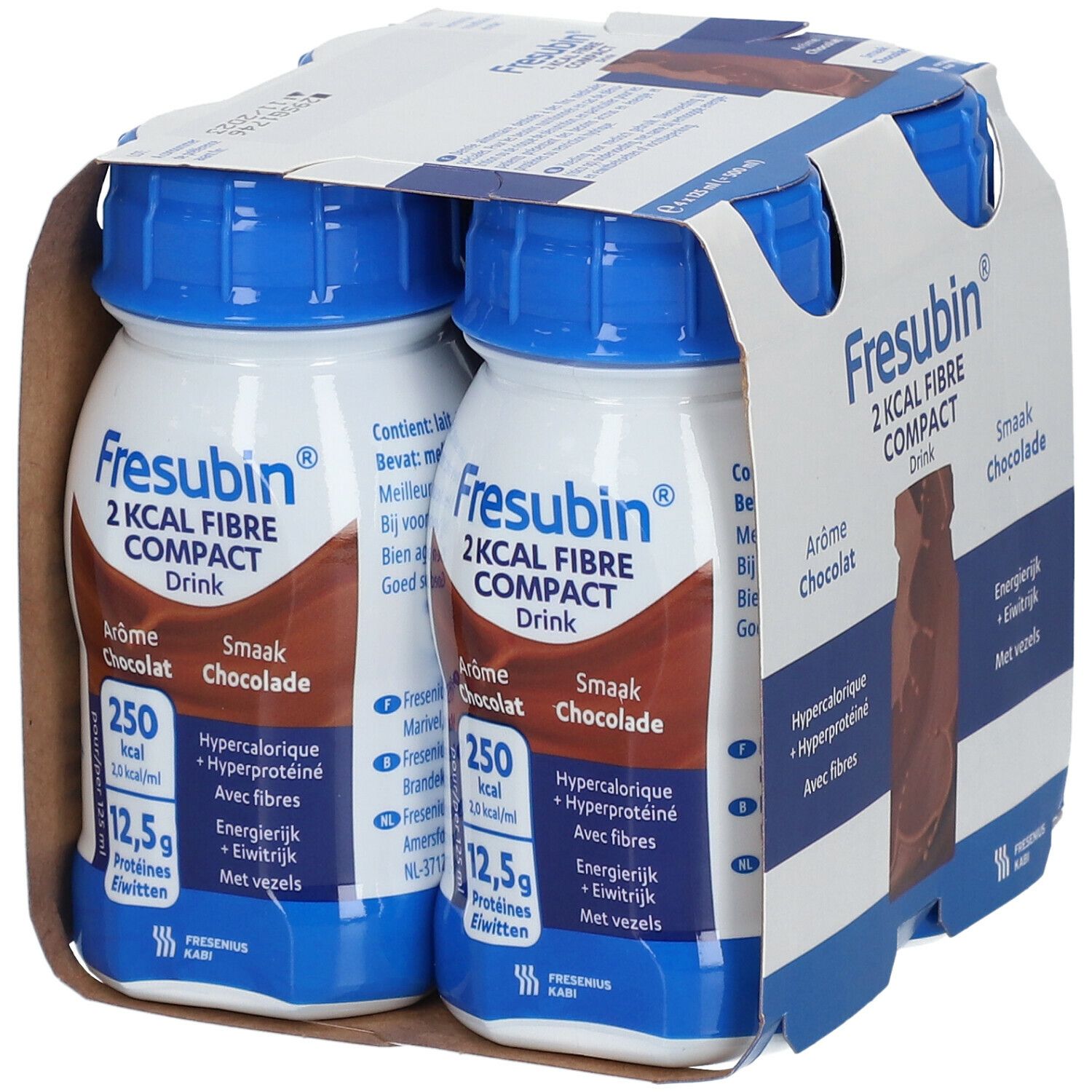 Verpakking met twee flessen. Opschrift: Fresubin 2 Kcal Fibre Compact Drink, smaak chocolade. Blauwe doppen, bruine vloeistof.