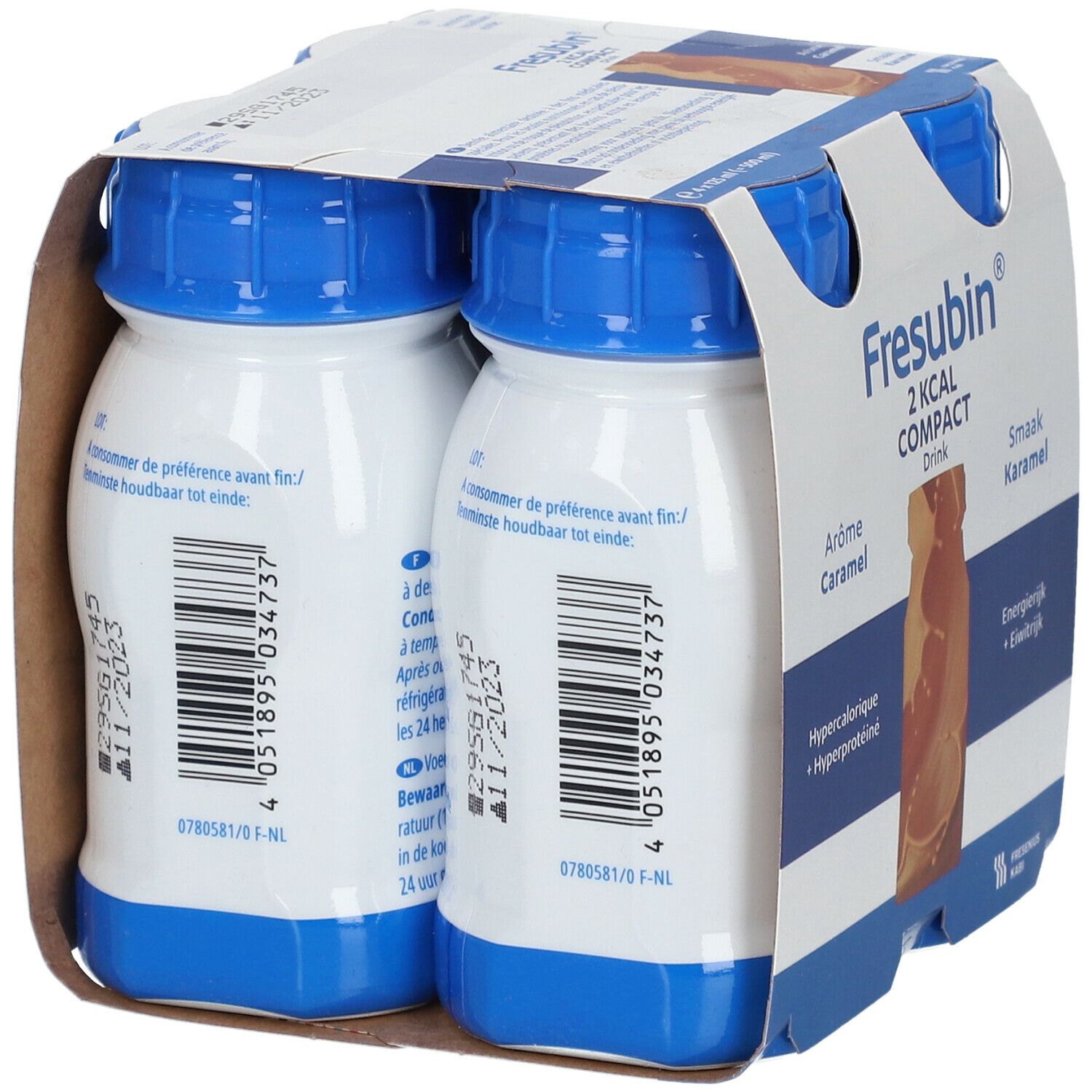 Dos de l'emballage de Fresubin 2 Kcal Compact Drink Caramel. Code-barres et date de péremption visibles.