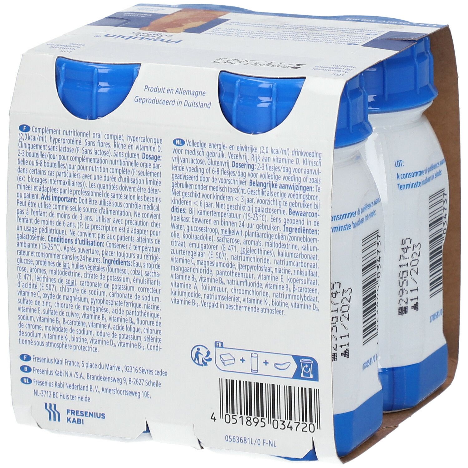 Dos de l'emballage de Fresubin 2 Kcal Compact Drink Caramel. Informations textuelles et nutritionnelles visibles.