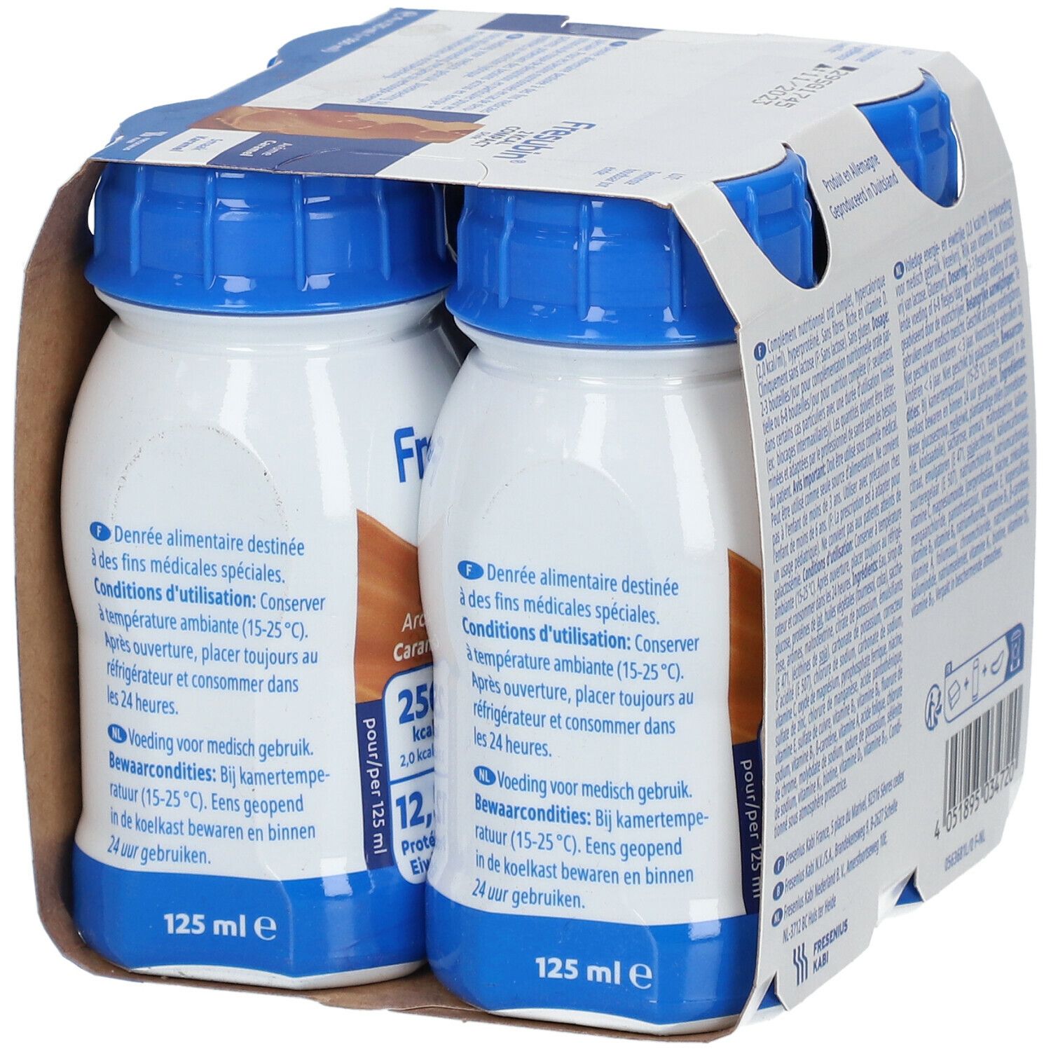 Emballage de Fresubin 2 Kcal Compact Drink Caramel. Deux bouteilles visibles, avec texte et informations nutritionnelles.
