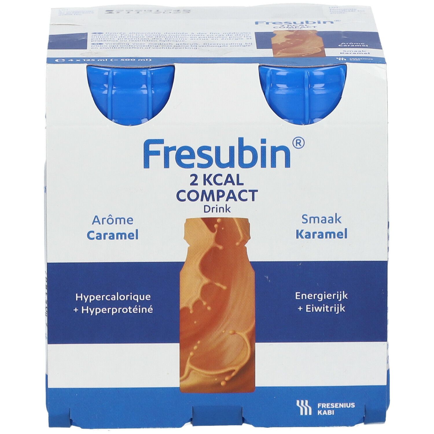 Emballage de quatre bouteilles Fresubin 2 Kcal Compact Drink Caramel. Nom du produit et saveur clairement visibles.