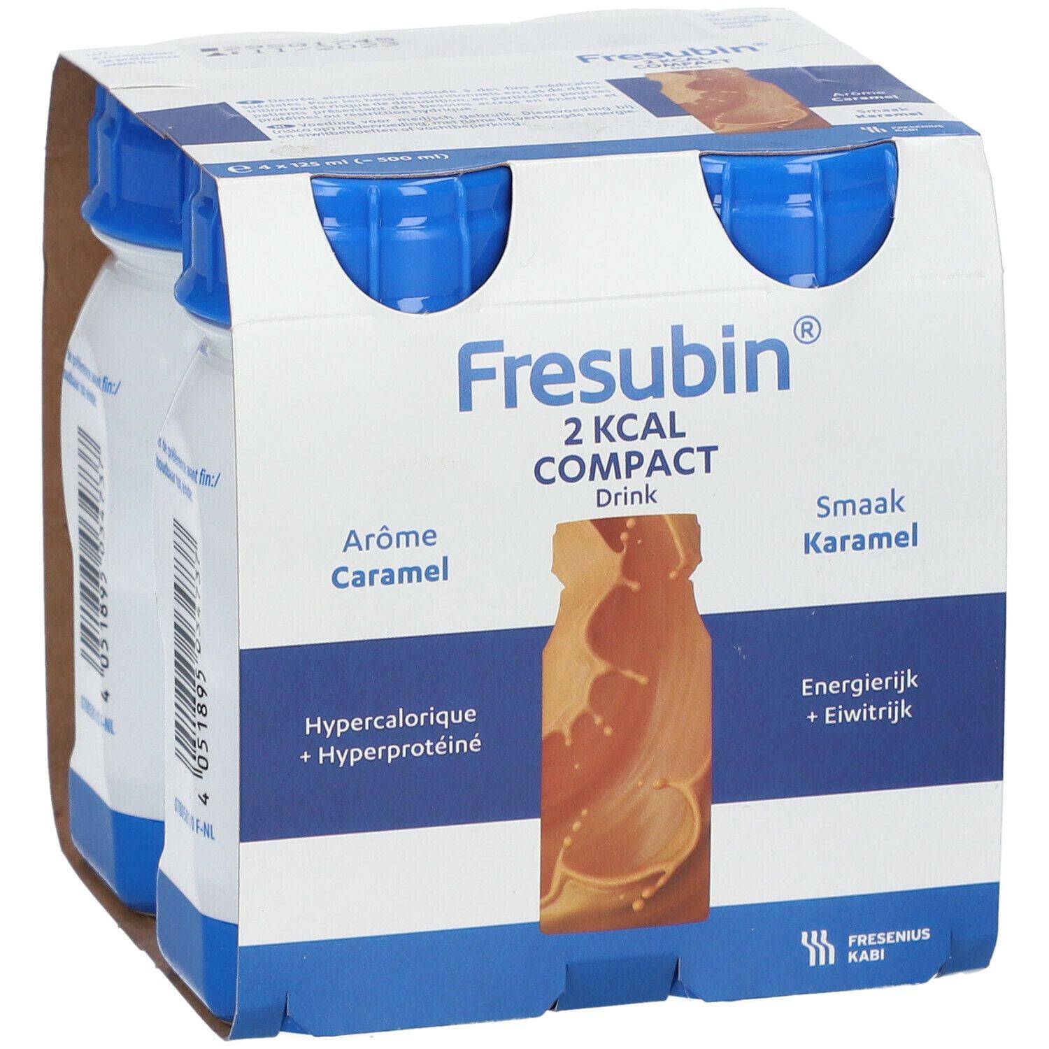 Emballage de quatre bouteilles Fresubin 2 Kcal Compact Drink Caramel. Nom du produit et saveur clairement visibles.