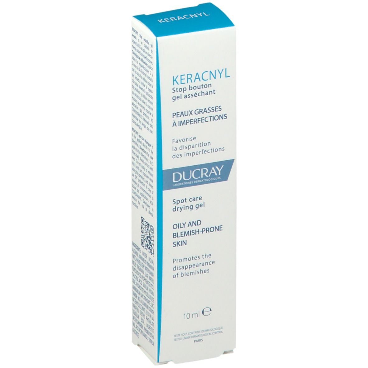 Boîte de produit avec nom et marque. Textes en français et anglais. Contenance 10 ml.