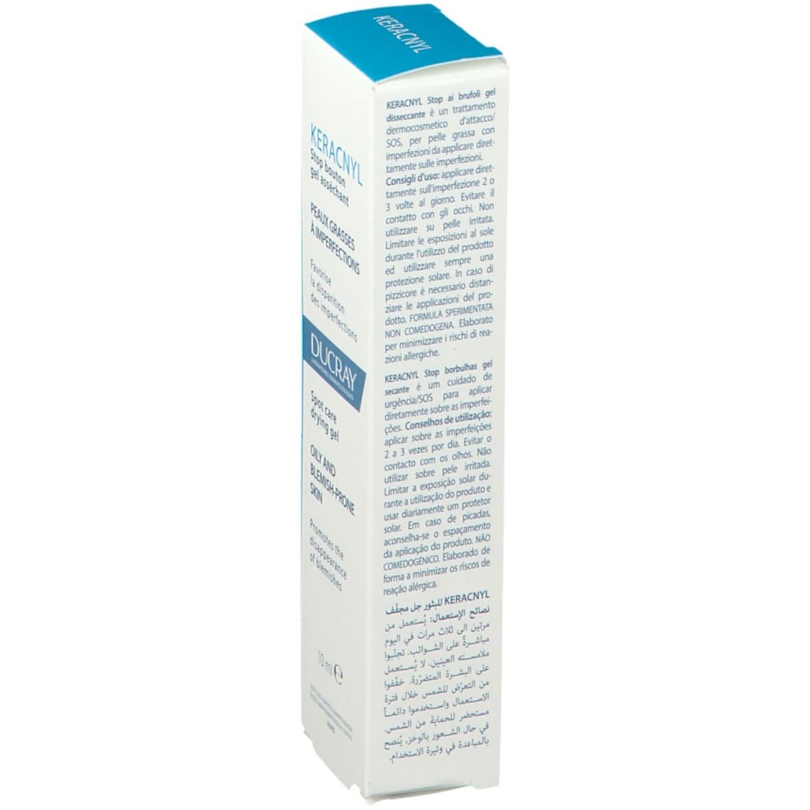 Vue latérale de l'emballage du produit. Texte multilingue. Contient des informations sur le produit.
