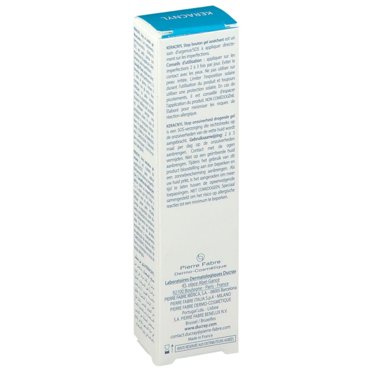 Dos de l'emballage du produit. Texte multilingue. Contient des instructions et des informations sur le fabricant.