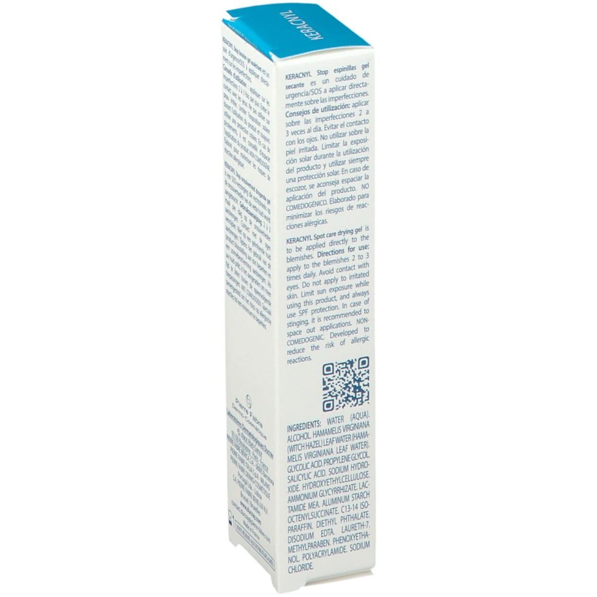 Côté de l'emballage du produit avec ingrédients et code QR. Texte en anglais.