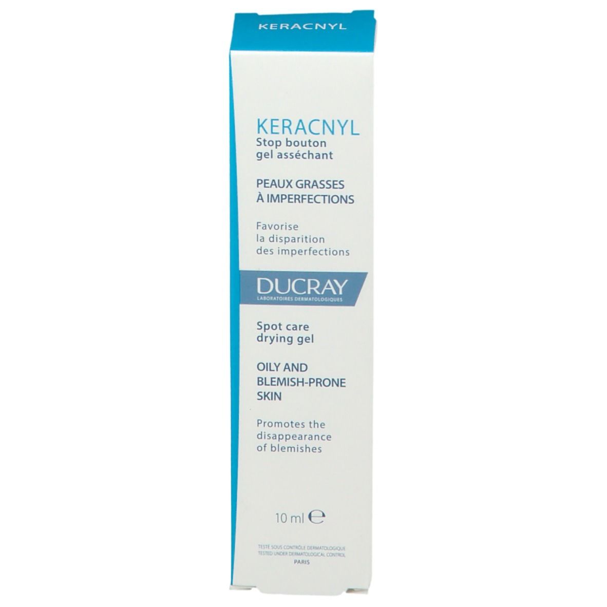 Emballage du produit avec nom et marque. Textes en français et anglais. Contenance 10 ml.