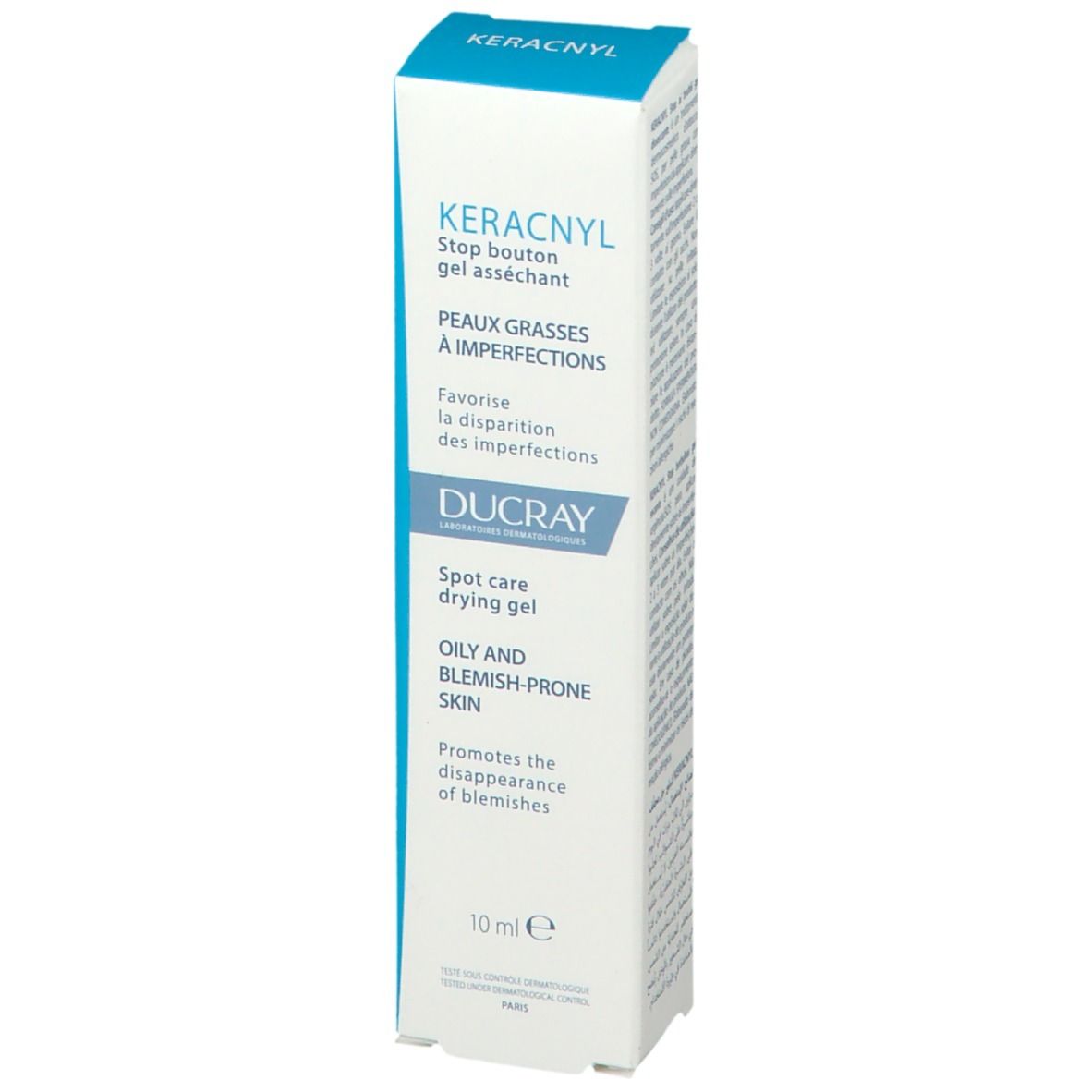 Emballage du produit avec nom et marque. Textes en français et anglais. Contenance 10 ml.