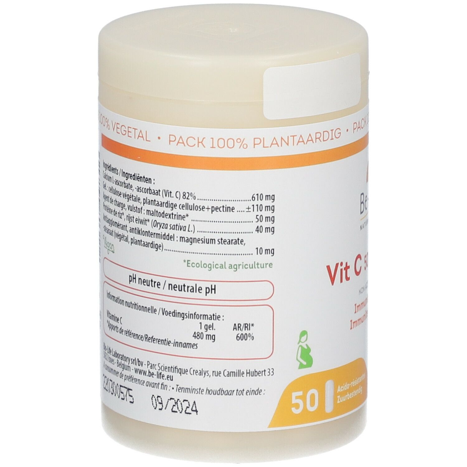 Dos de la boîte de Vitamine C 500 neutral. Liste des ingrédients, pH, informations nutritionnelles. Inscriptions : Be-Life, 50 comprimés, DLUO 09/2024.