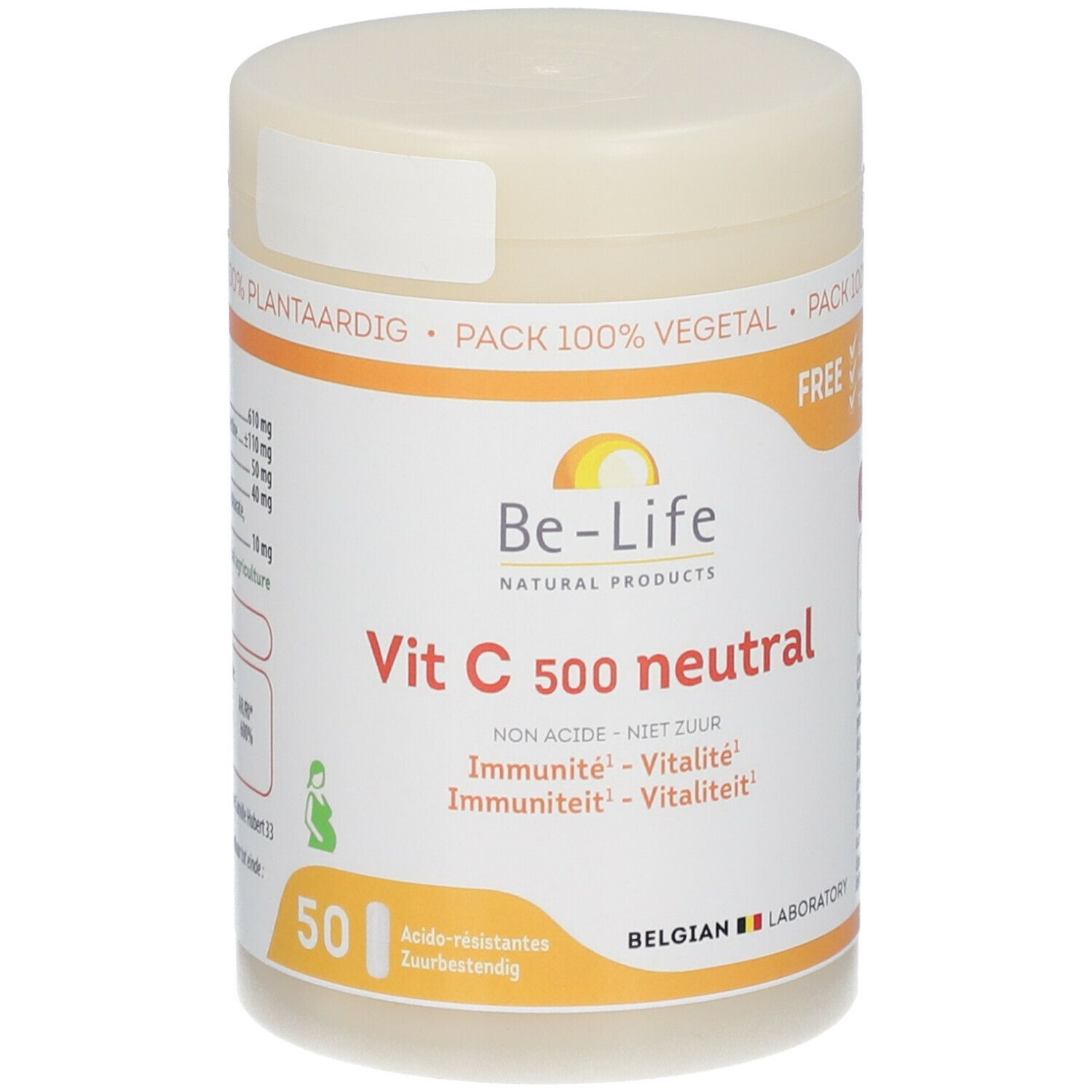 Boîte de Vitamine C 500 neutral. Inscriptions : Be-Life, Vit C 500 neutral, 50 comprimés. Couvercle et étiquette blancs et orange.