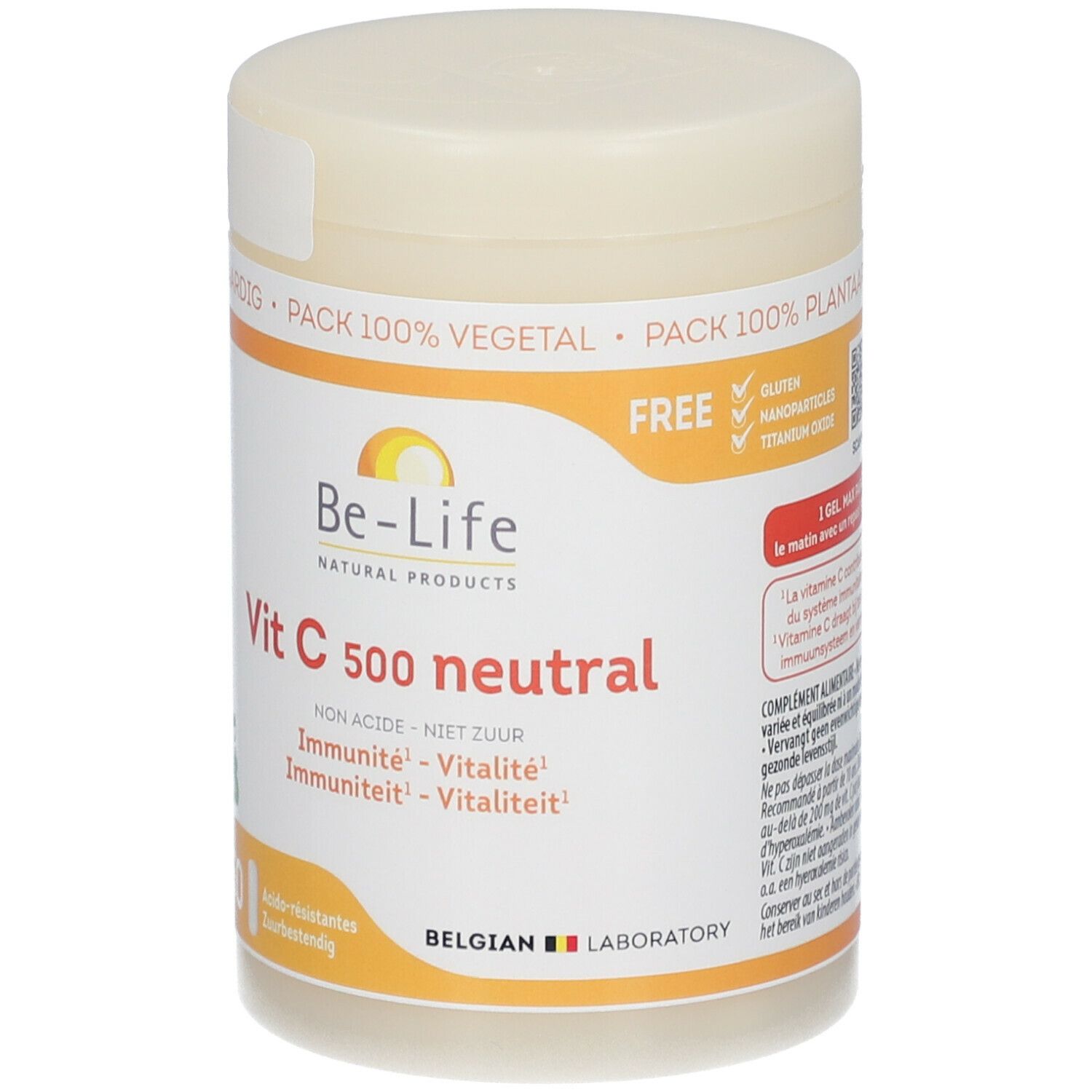 Boîte de Vitamine C 500 neutral. Inscriptions : Be-Life, Vit C 500 neutral, 50 comprimés. Sans gluten. Couvercle et étiquette blancs et orange.