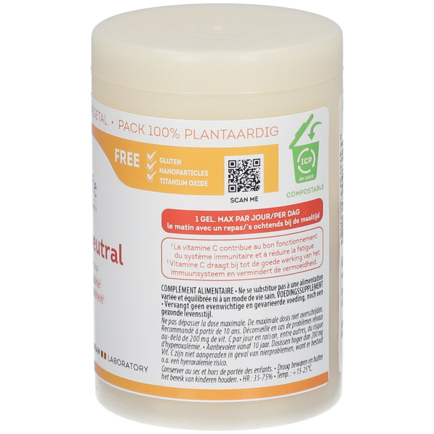 Dos de la boîte de Vitamine C 500 neutral. Inscriptions : Be-Life, 1 gel par jour. Informations d'utilisation. Compostable.