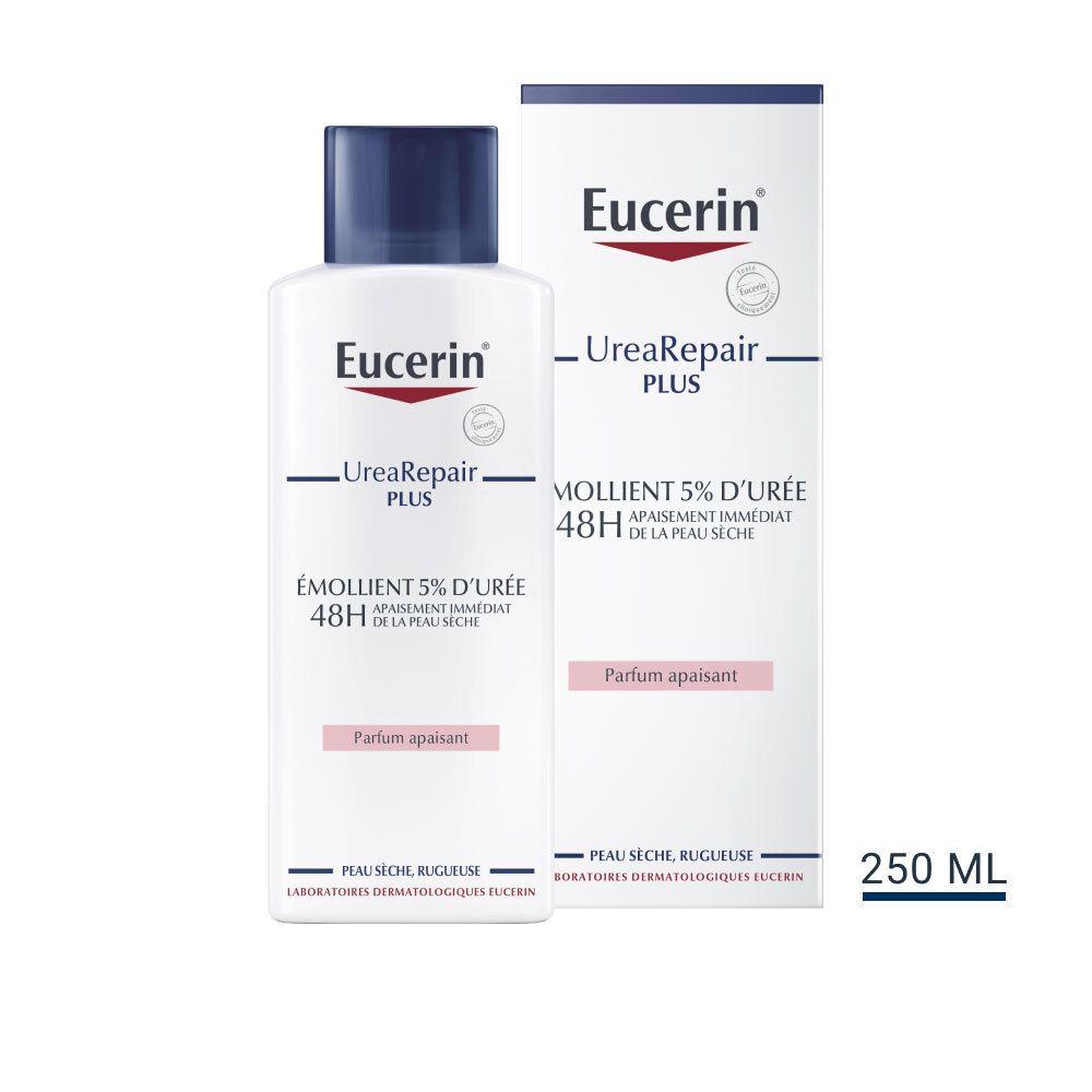 Eucerin UreaRepair PLUS Lotion, fles en verpakking. Bevat 5% ureum. Voor de droge huid.
