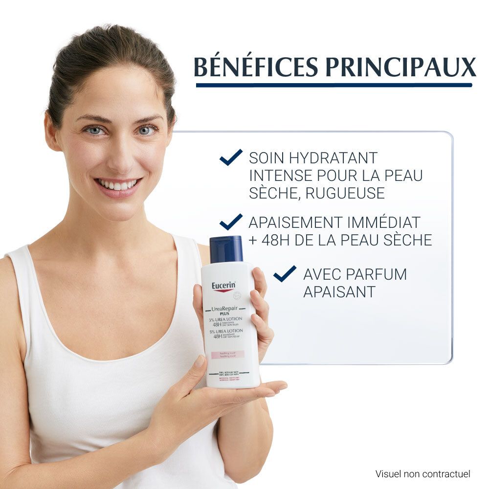 Vrouw houdt Eucerin UreaRepair PLUS Lotion vast. Tekst: Voordelen: intense hydratatie, onmiddellijke verlichting, geur.