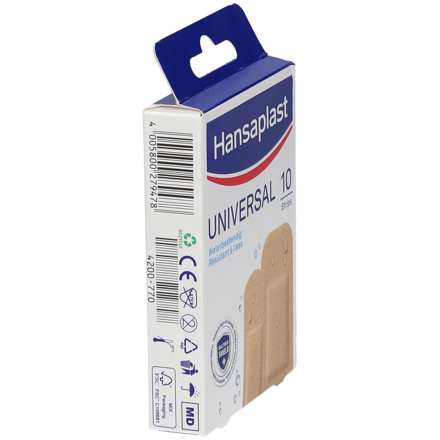 Achterkant verpakking Hansaplast Universal pleisters. Productinformatie.