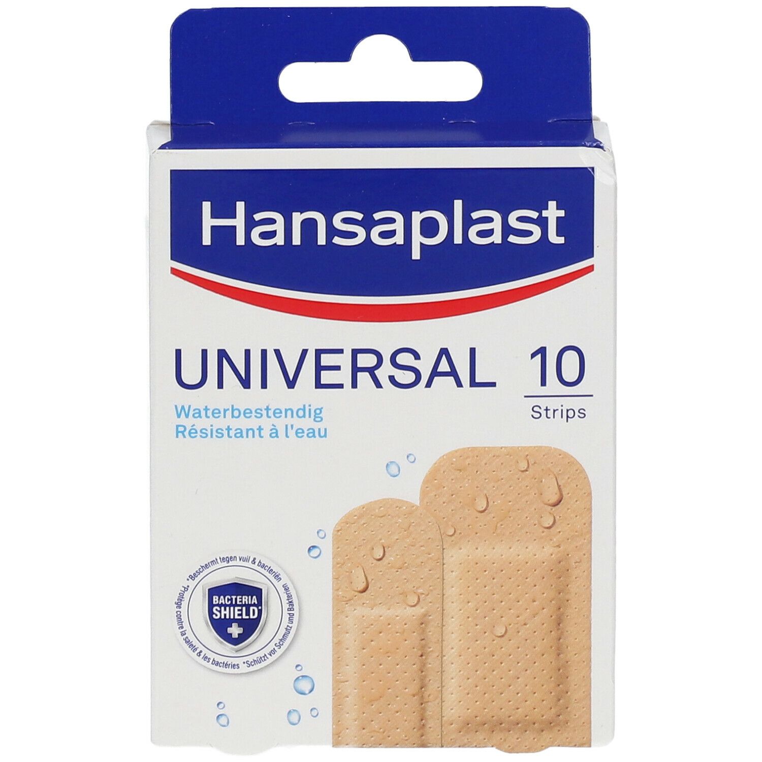 Voorkant verpakking Hansaplast Universal pleisters. 10 pleisters.