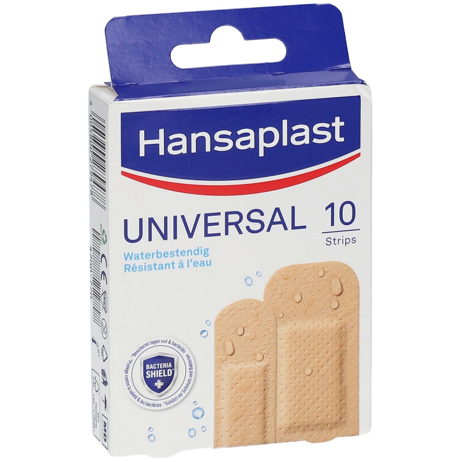 Voorkant verpakking Hansaplast Universal pleisters. 10 pleisters.