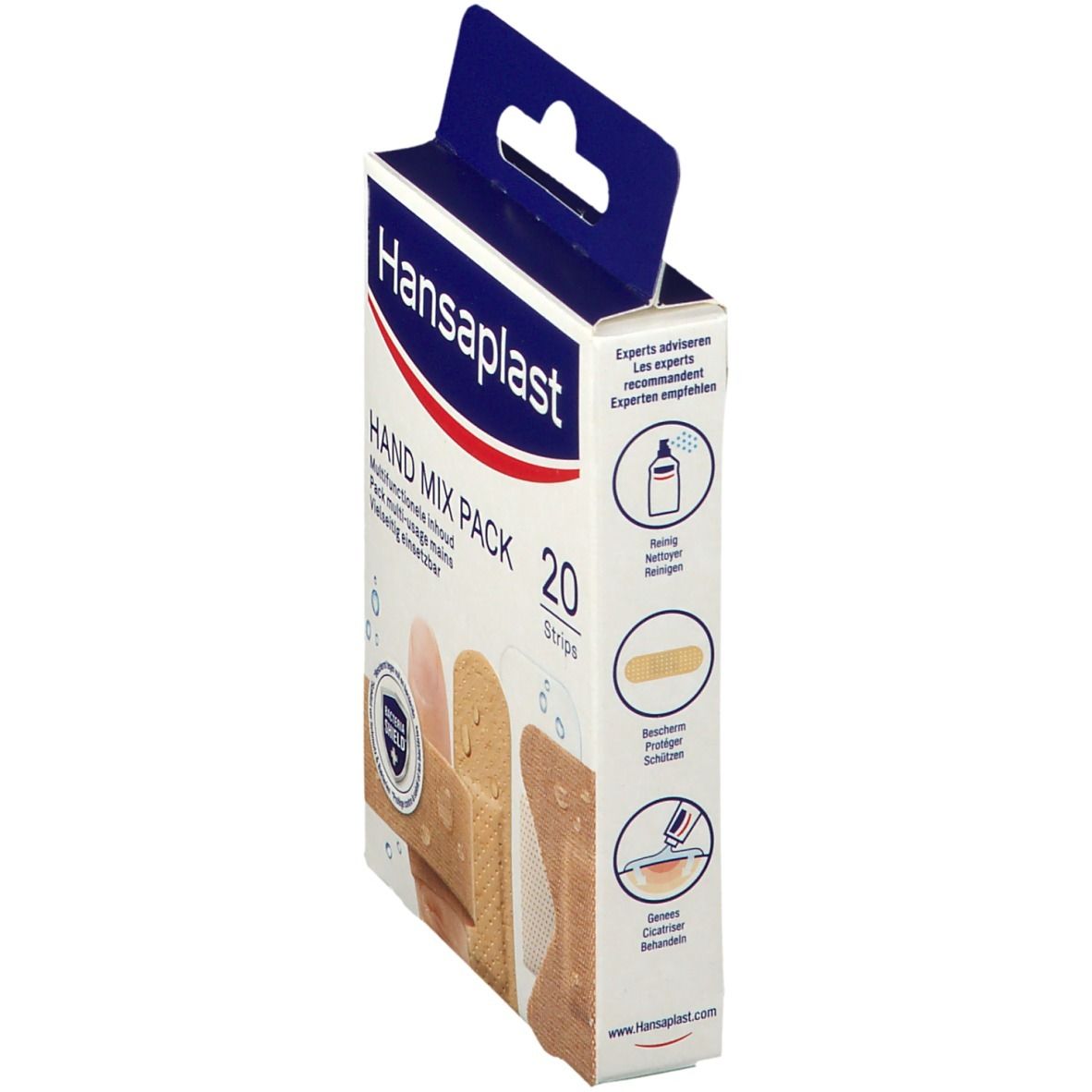 Vue latérale de la boîte Hansaplast Hand Mix Pack. Montre 20 pansements. Logo et nom du produit visibles.