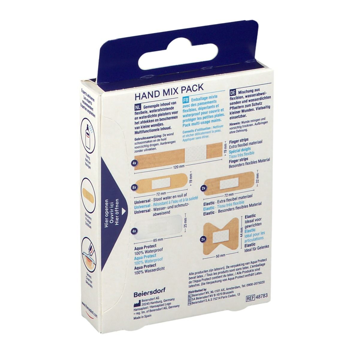 Dos de la boîte Hansaplast Hand Mix Pack. Montre différents types et tailles de pansements. Informations multilingues.