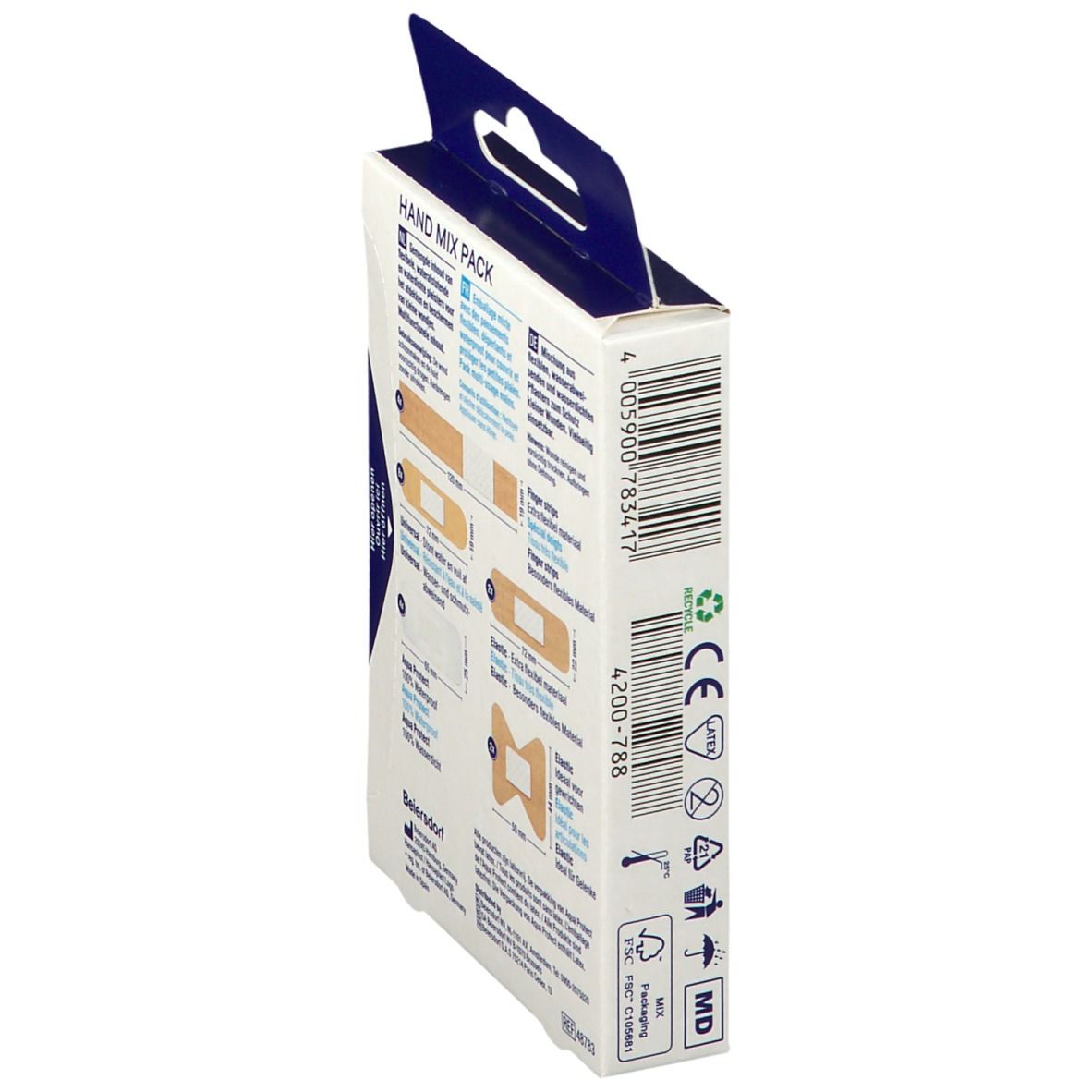 Vue latérale de la boîte Hansaplast Hand Mix Pack. Code-barres et certifications visibles.