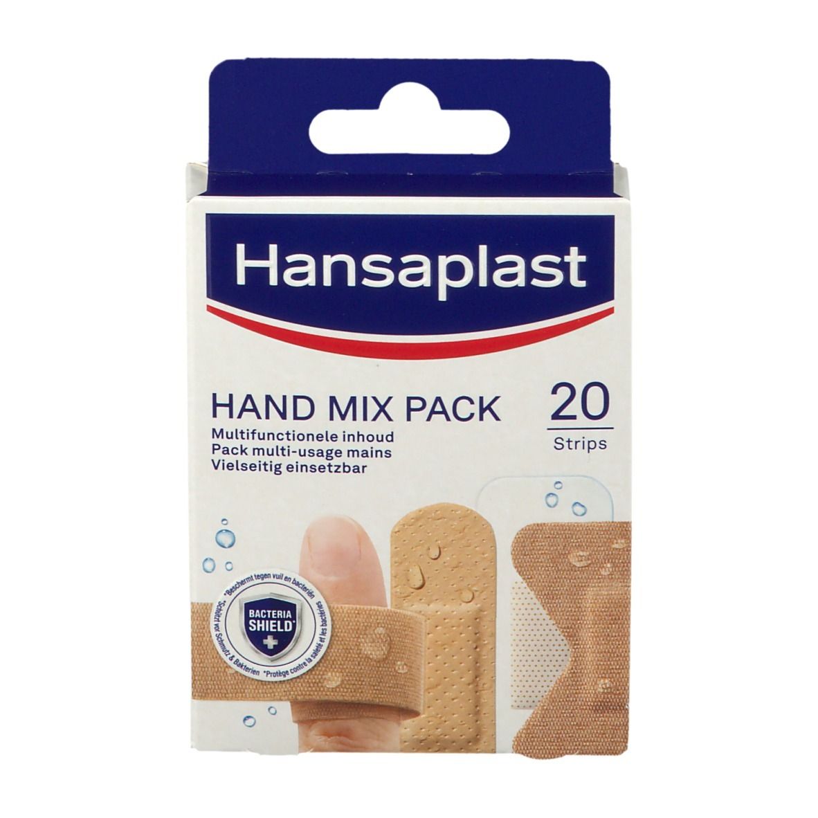 Vue de face de la boîte Hansaplast Hand Mix Pack. Contient 20 pansements. Illustration d'un doigt avec pansement.