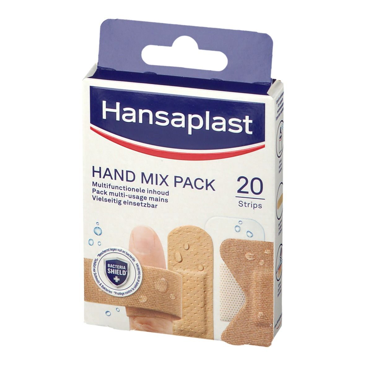 Vue de face de la boîte Hansaplast Hand Mix Pack. Contient 20 pansements. Illustration d'un doigt avec pansement.