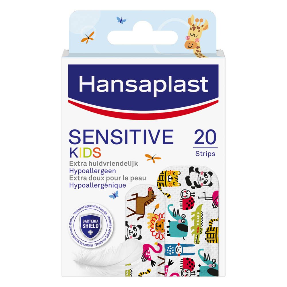 Verpakking Hansaplast Sensitive Kids. Bevat 20 pleisters met dierenprints. Extra huidvriendelijk en hypoallergeen.