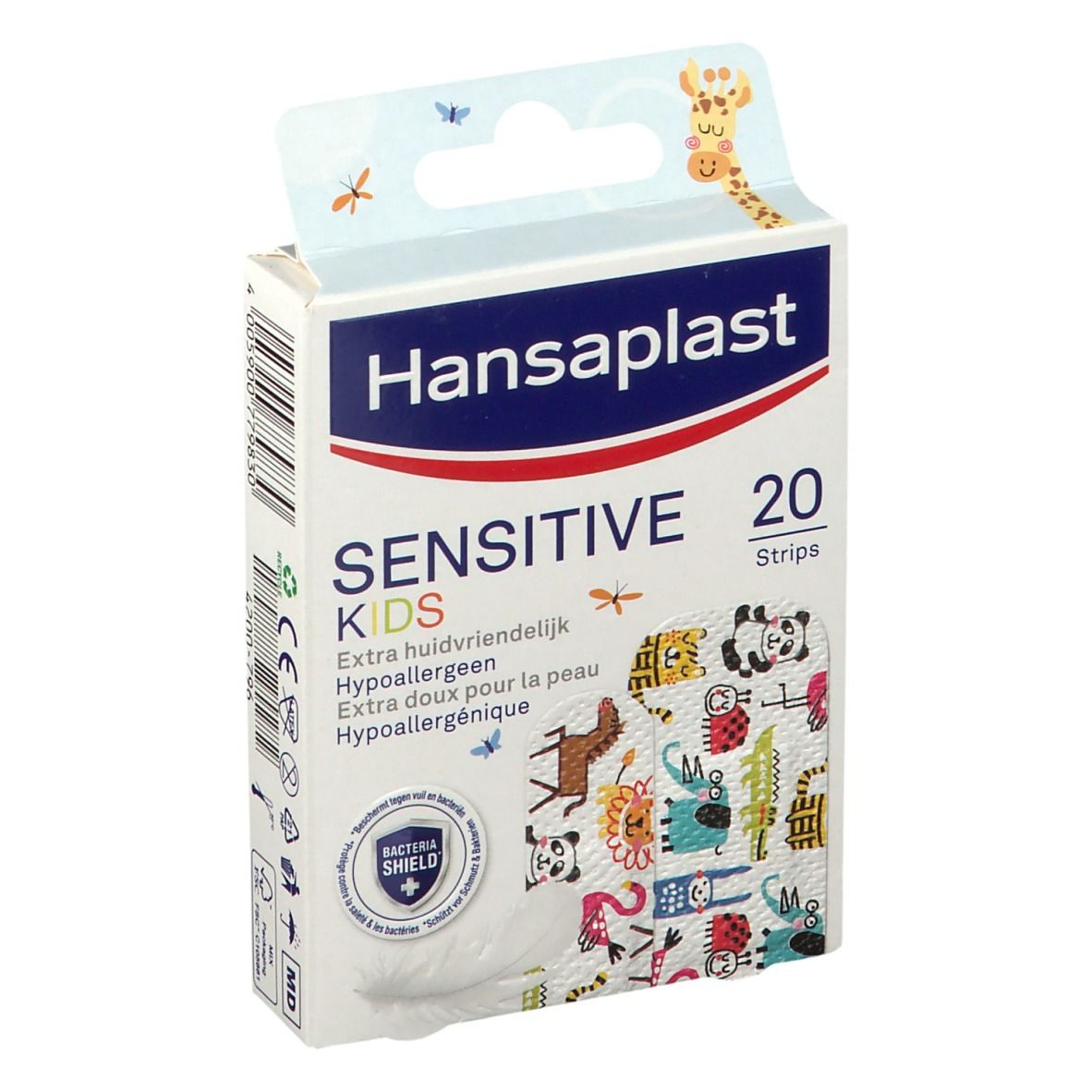 Verpakking Hansaplast Sensitive Kids. Bevat 20 pleisters met dierenprints. Extra huidvriendelijk en hypoallergeen.