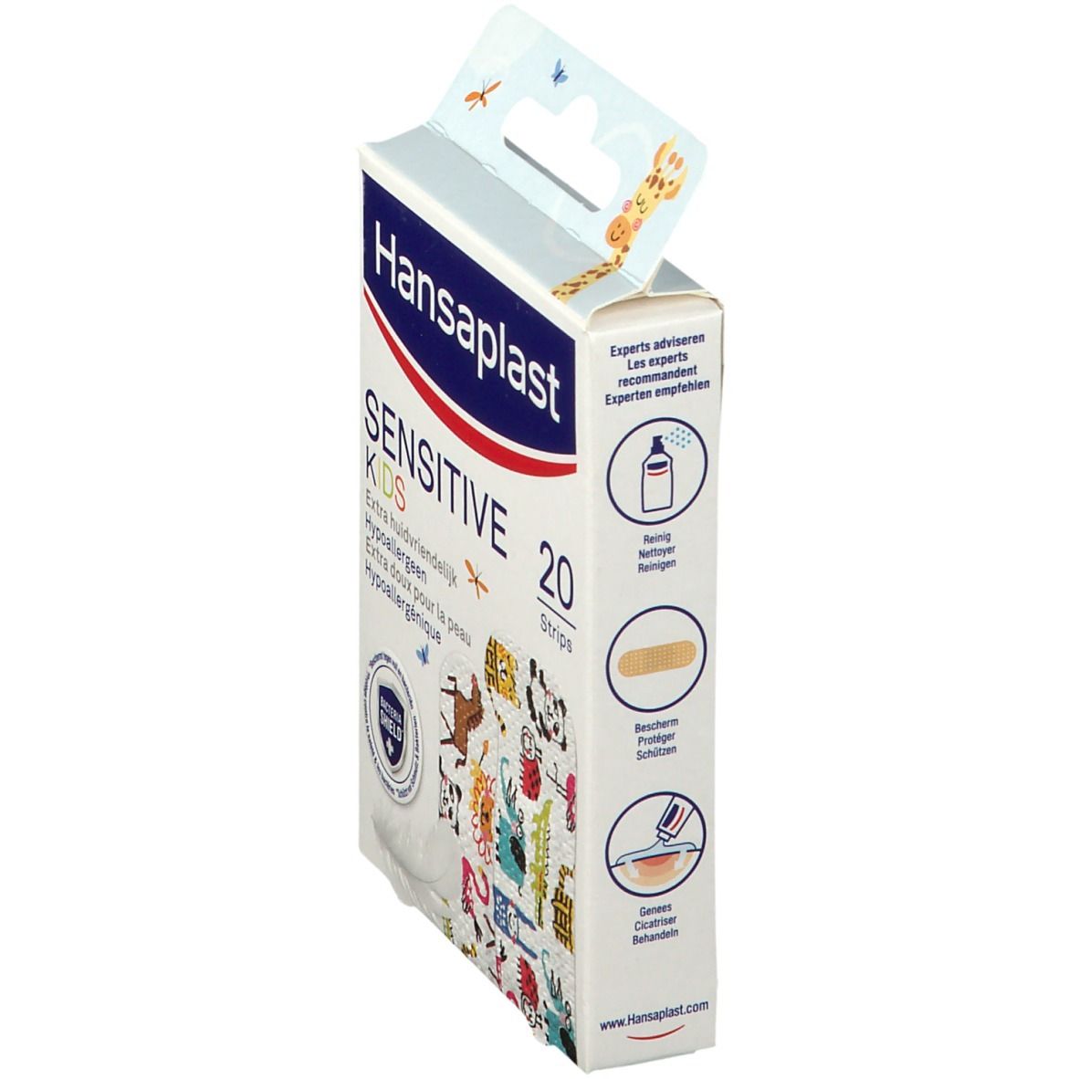 Zijaanzicht van de verpakking Hansaplast Sensitive Kids. Bevat 20 pleisters. Met illustraties en productinformatie.