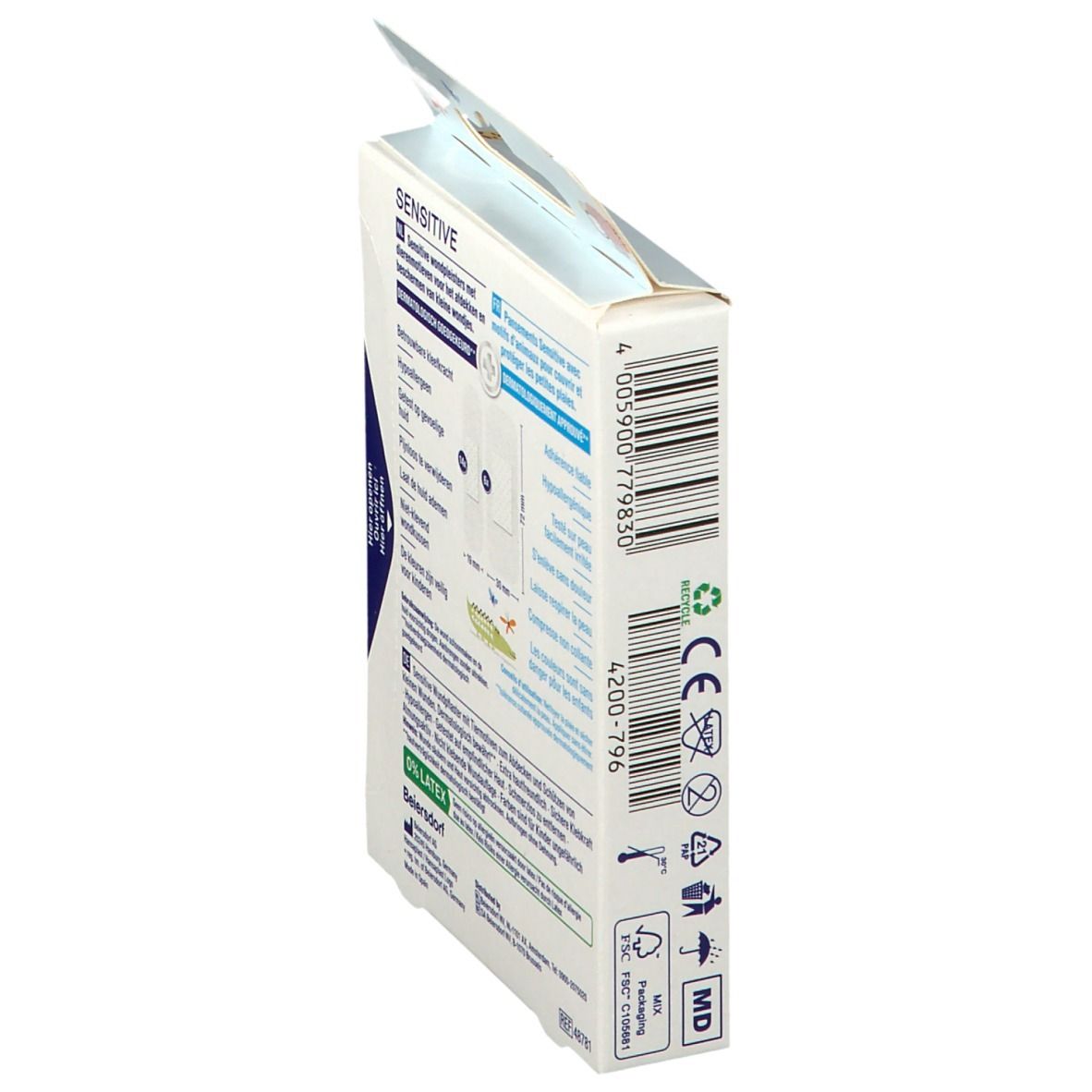 Zijaanzicht van de Hansaplast Sensitive Kids verpakking. Met productinformatie en CE-markering.