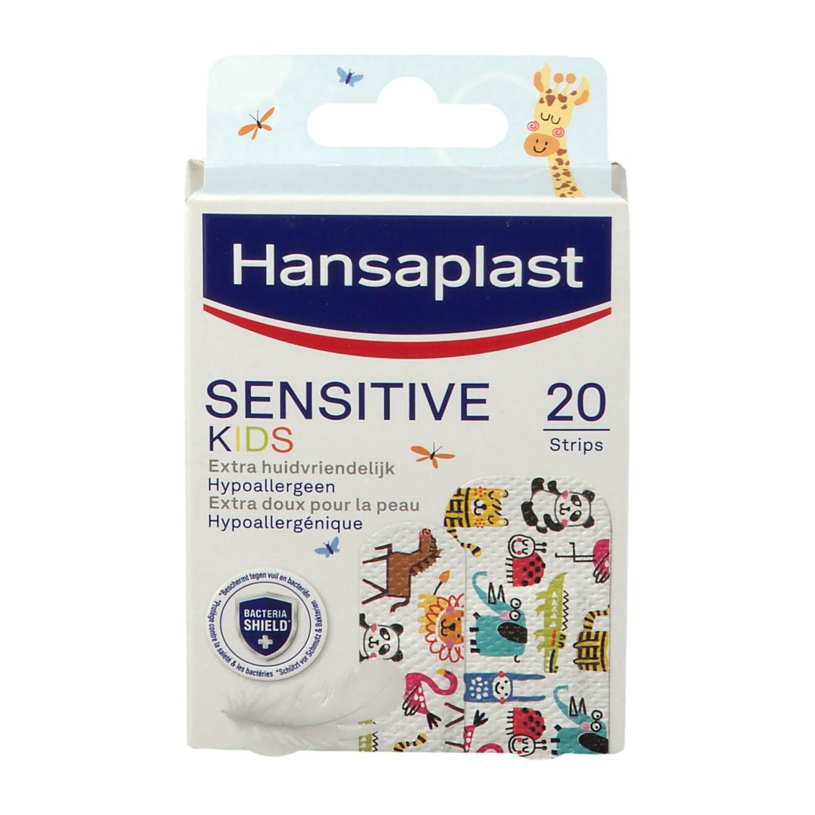Verpakking Hansaplast Sensitive Kids. Bevat 20 pleisters met dierenprints. Extra huidvriendelijk en hypoallergeen.